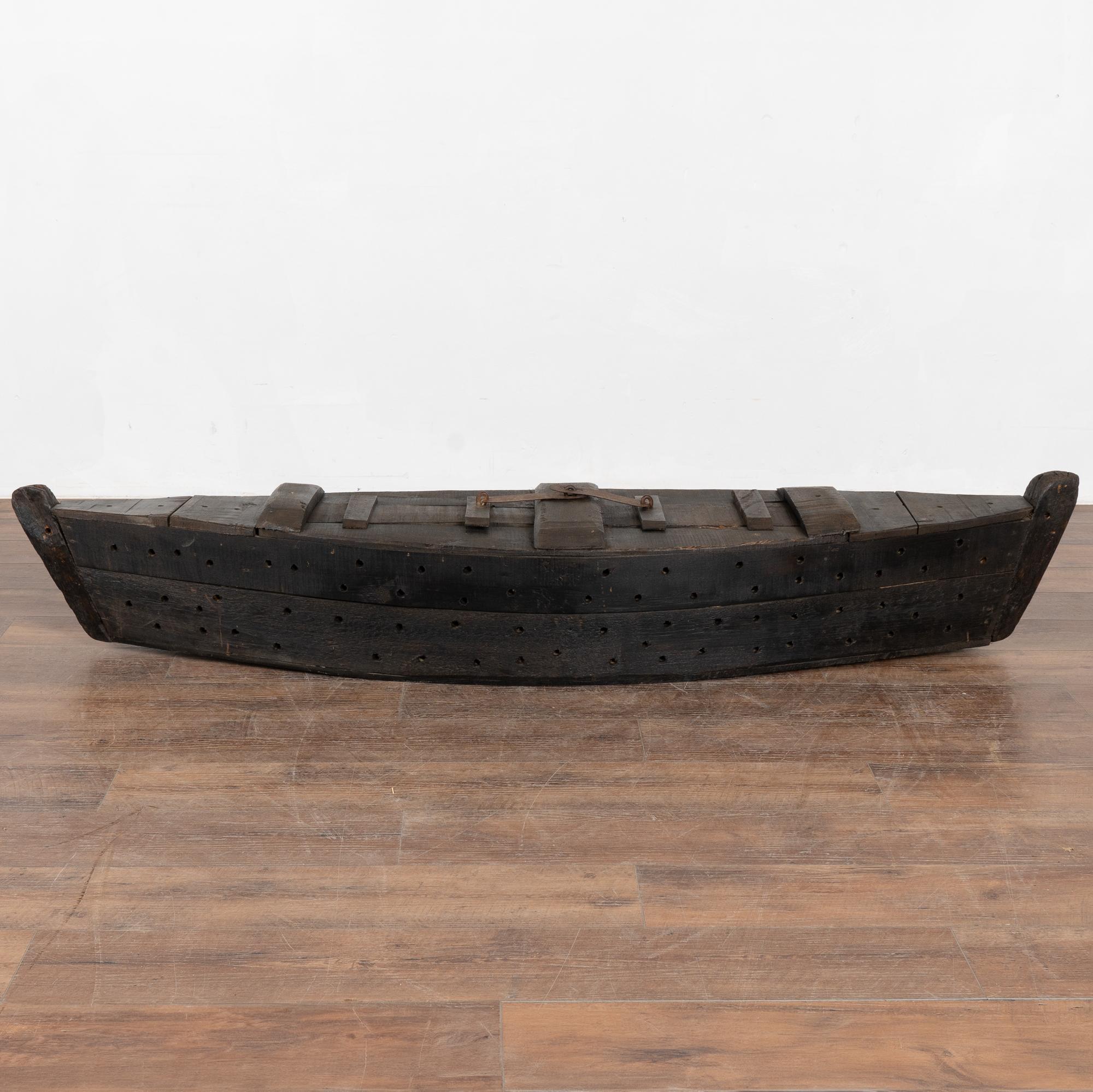 Rustic Wooden Boat Shaped Fishing Creel, Decorative Model Boat, Hungary circa 1920 For Sale