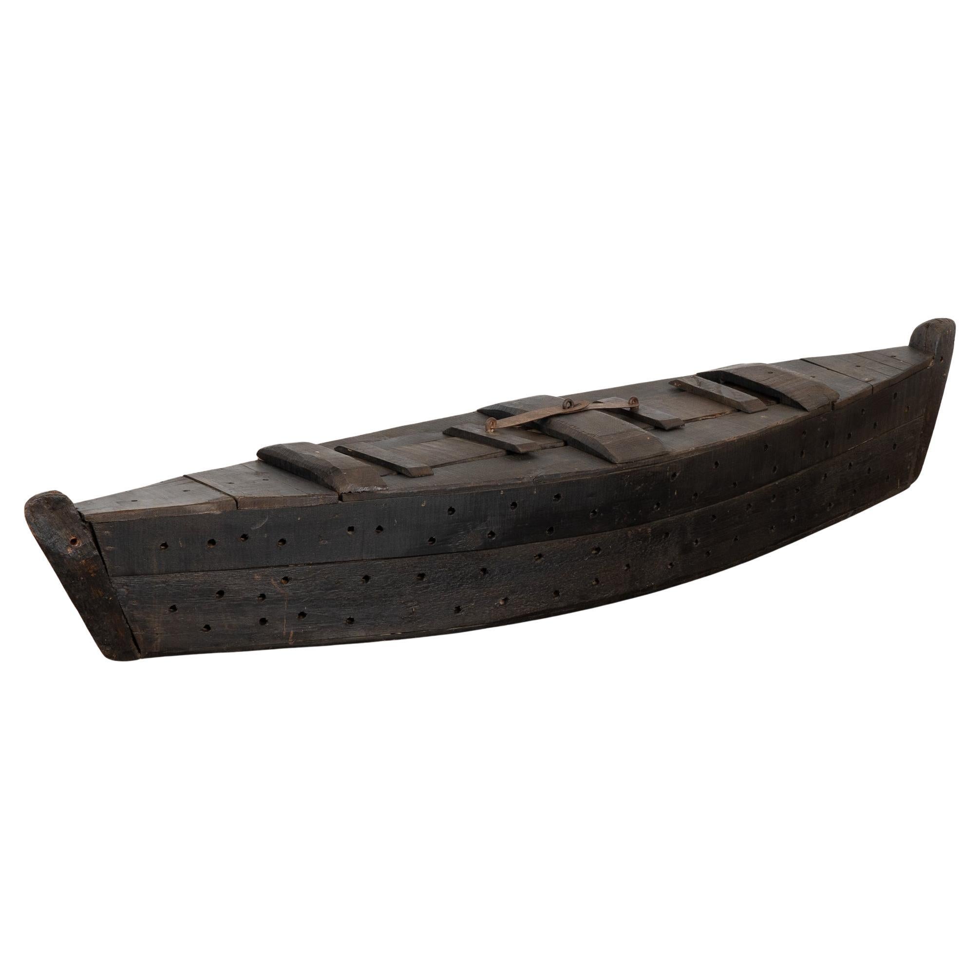 Wooden Boat Shaped Fishing Creel, Decorative Model Boat, Hungary circa 1920