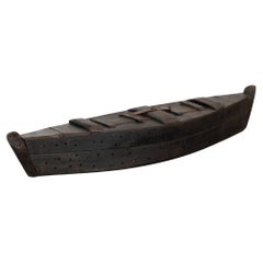 Antique Wooden Boat Shaped Fishing Creel, Decorative Model Boat, Hungary circa 1920