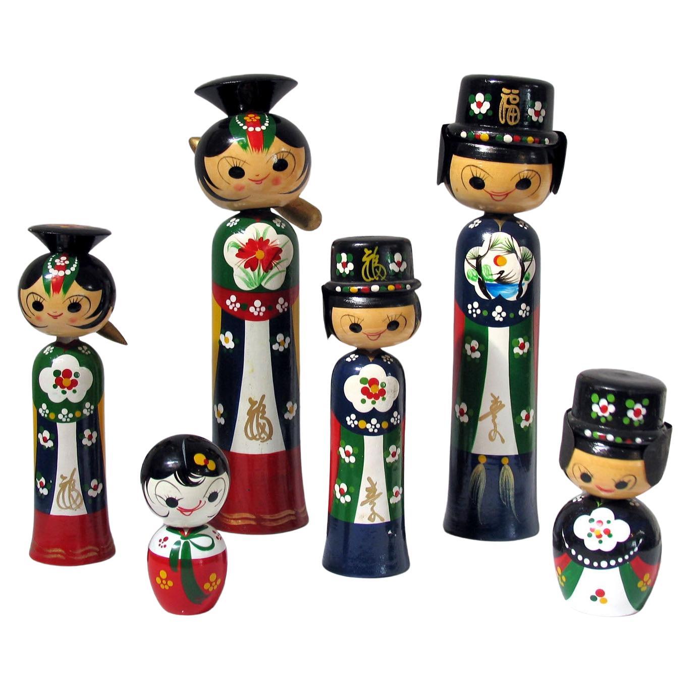 Wooden Bobble Head Korean Hanbok Wedding Dolls, Collection of Six Kokeshi, 1960s For Sale