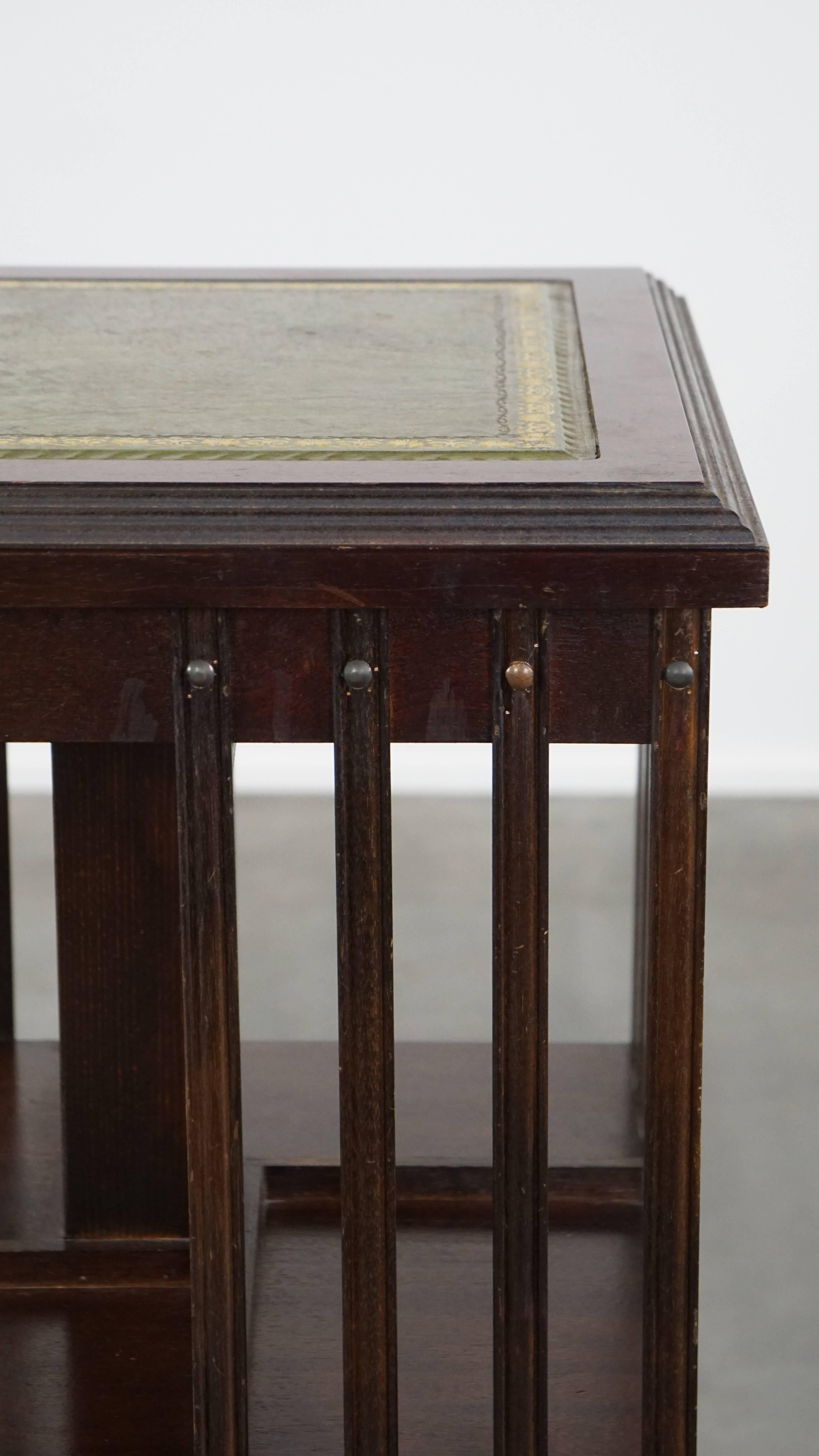 Wooden bookstand with green leather surface and on wheels in English style For Sale 6