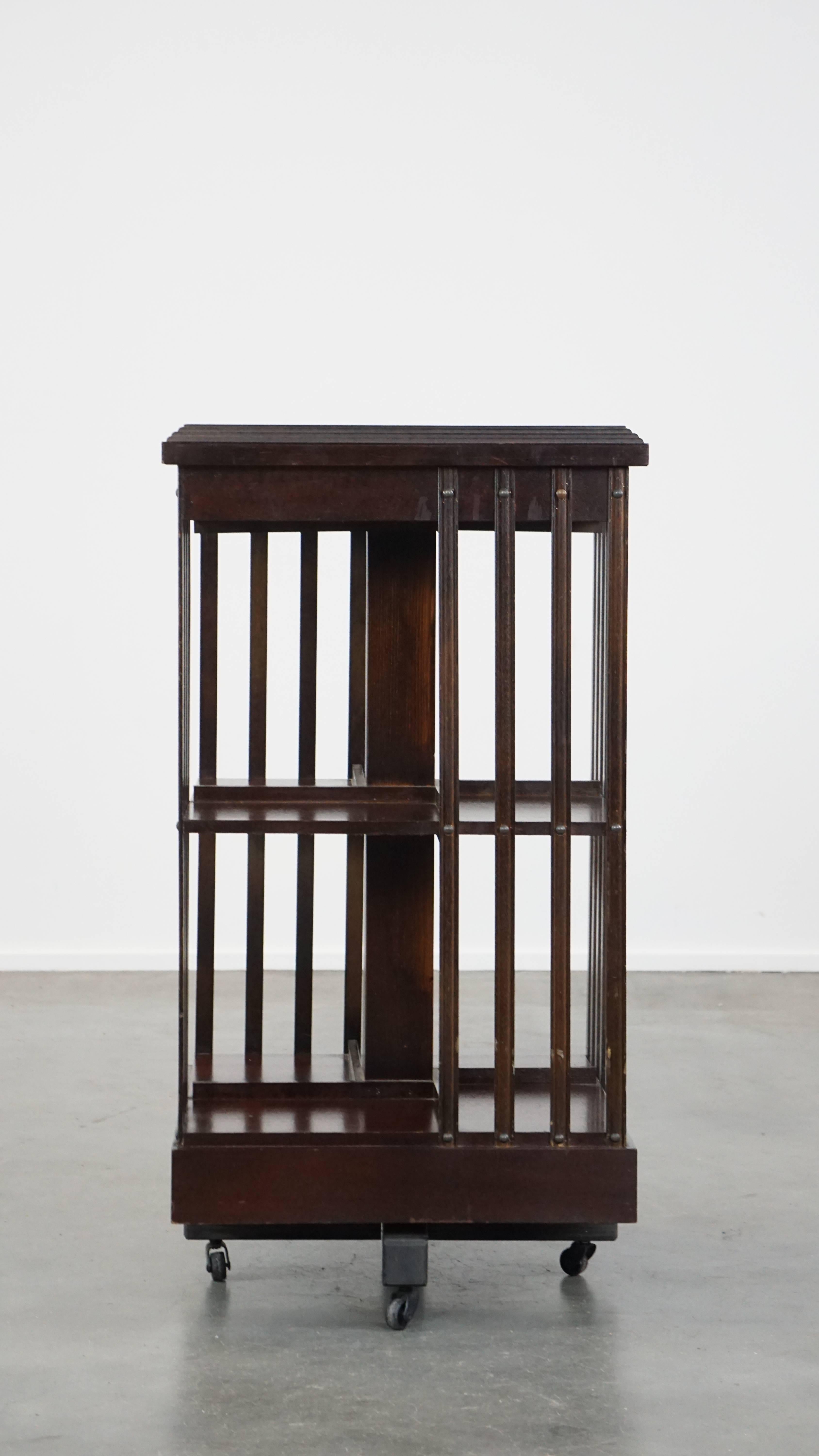 Leather Wooden bookstand with green leather surface and on wheels in English style For Sale