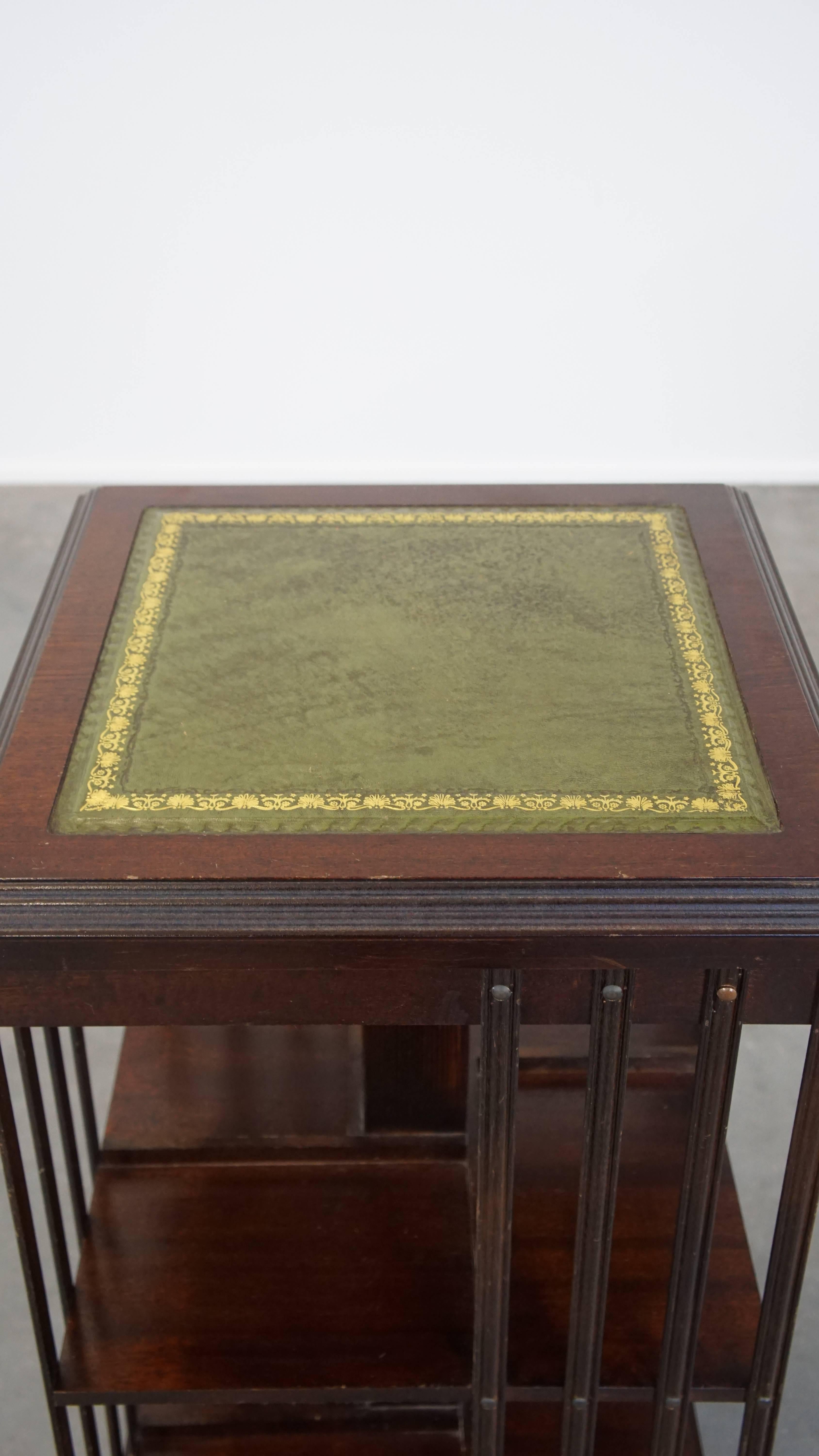 Wooden bookstand with green leather surface and on wheels in English style For Sale 1