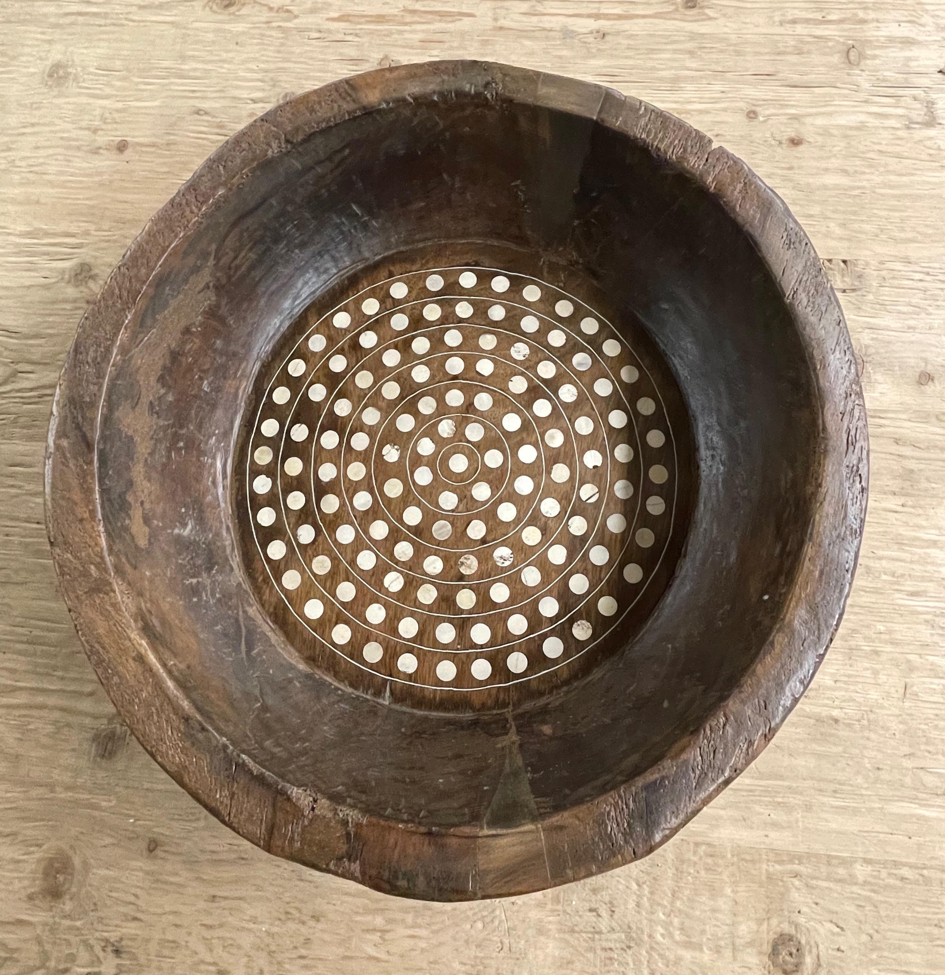 Indian Wooden Bowl With Bone Inlay Of Bone Dots, India, Contemporary For Sale