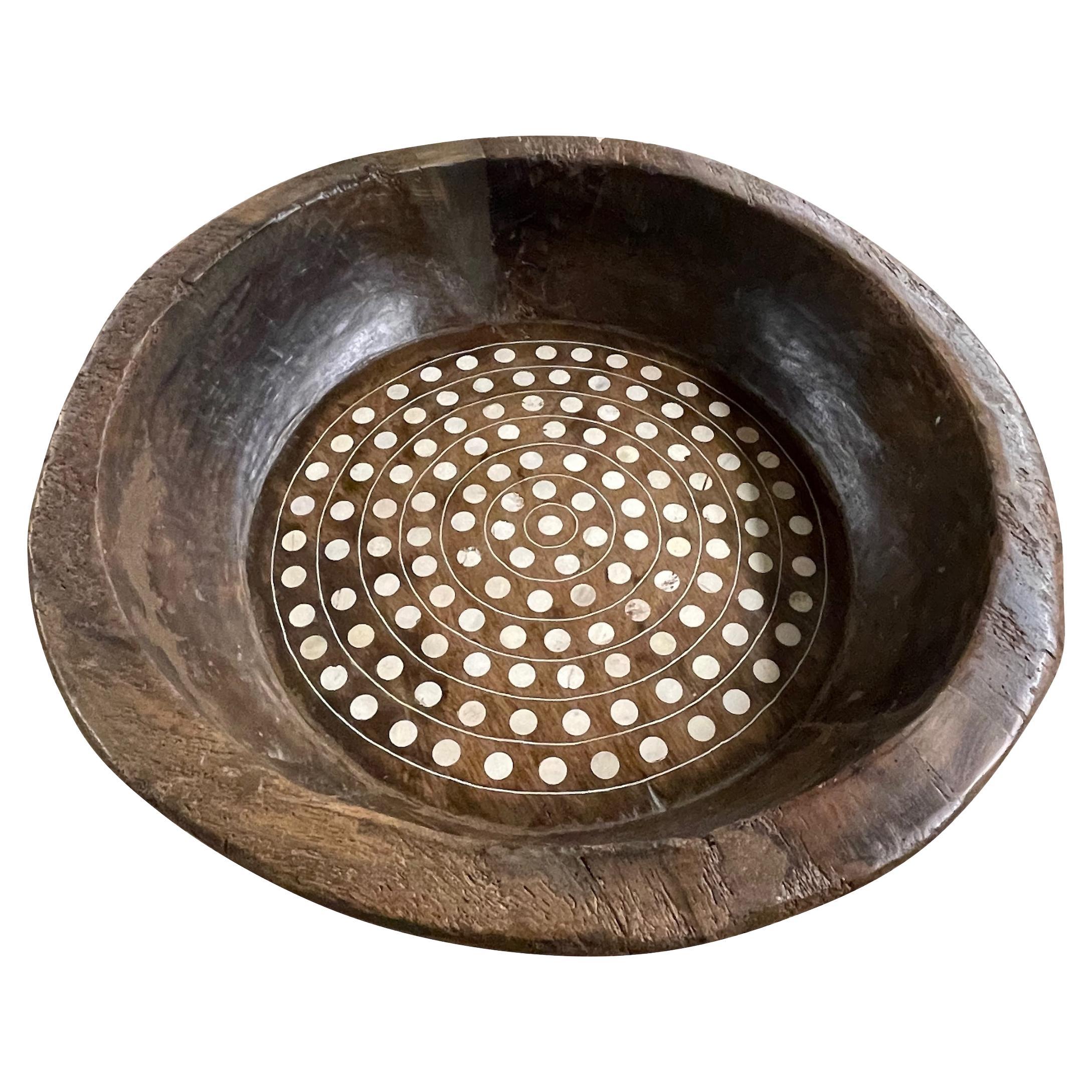 Wooden Bowl With Bone Inlay Of Bone Dots, India, Contemporary For Sale