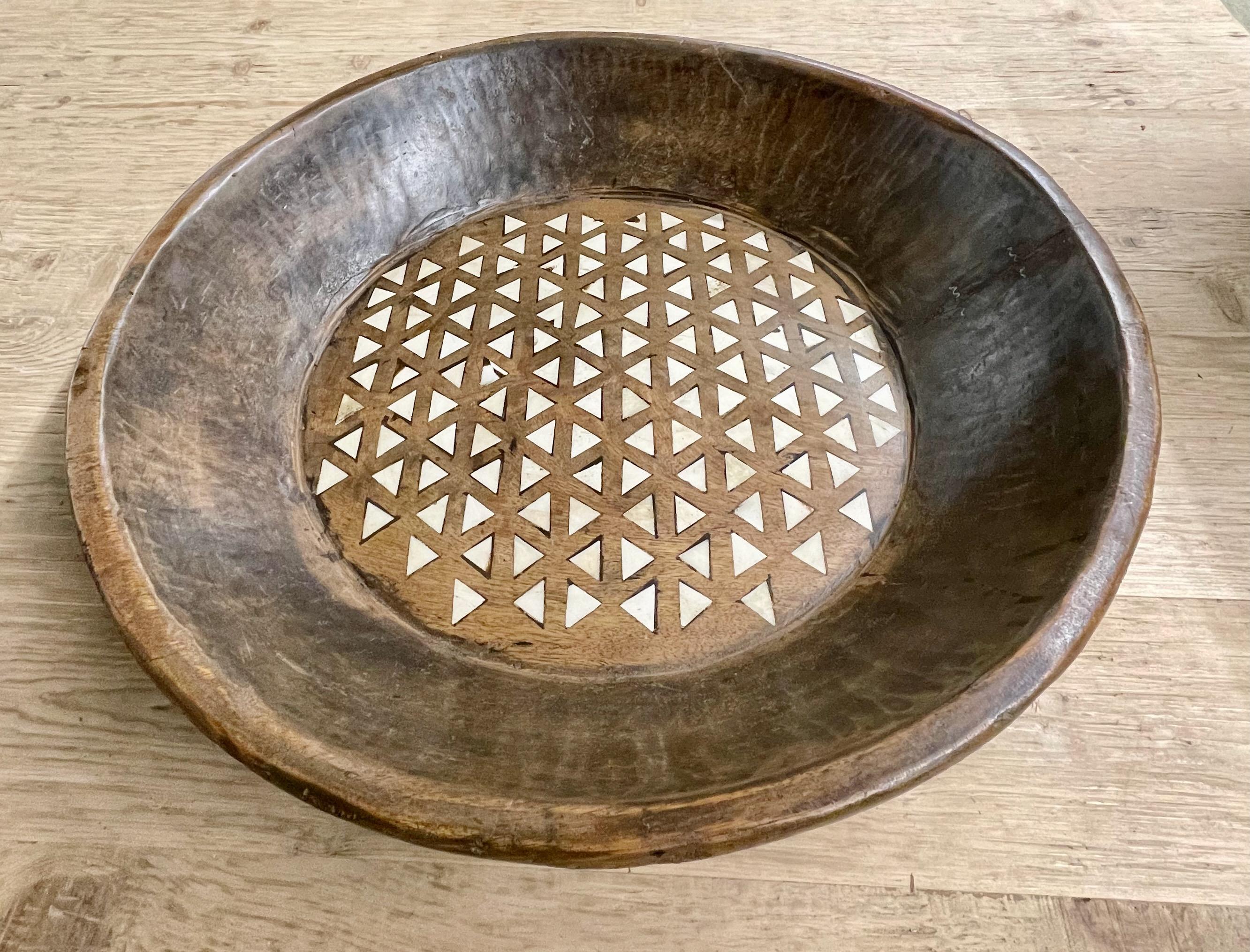 Indian Wooden Bowl With Inlay Of Bone Triangles, India, Contemporary For Sale