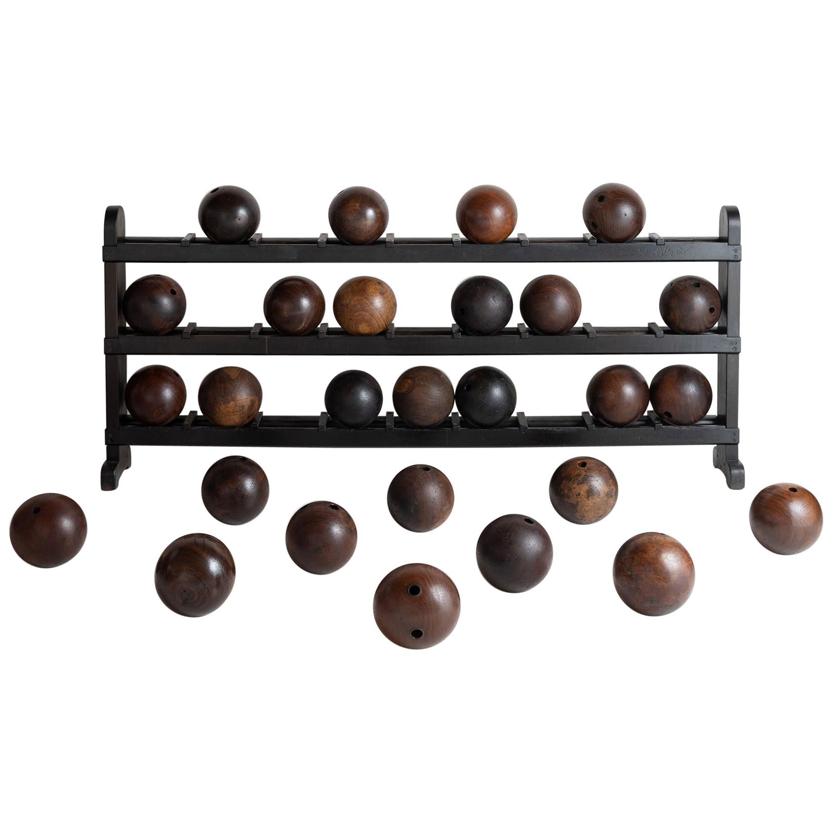 Wooden Bowling Ball Rack and Balls