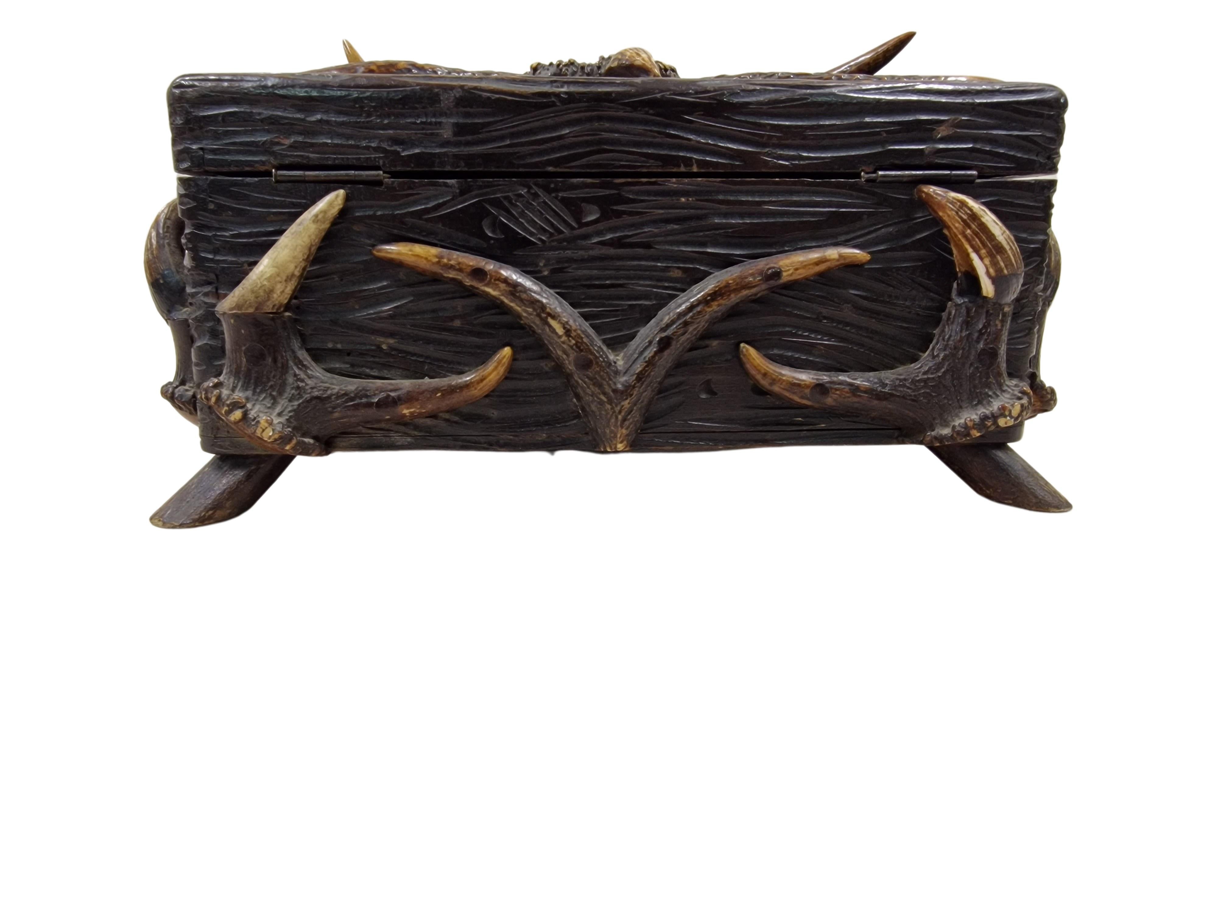 Folk Art Wooden Box, casket, Carved Antler, Tramp Art, 1880, Austria/Black Forest Germany
