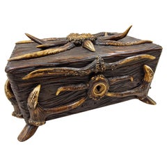 Wooden Box, casket, Carved Antler, Tramp Art, 1880, Austria/Black Forest Germany