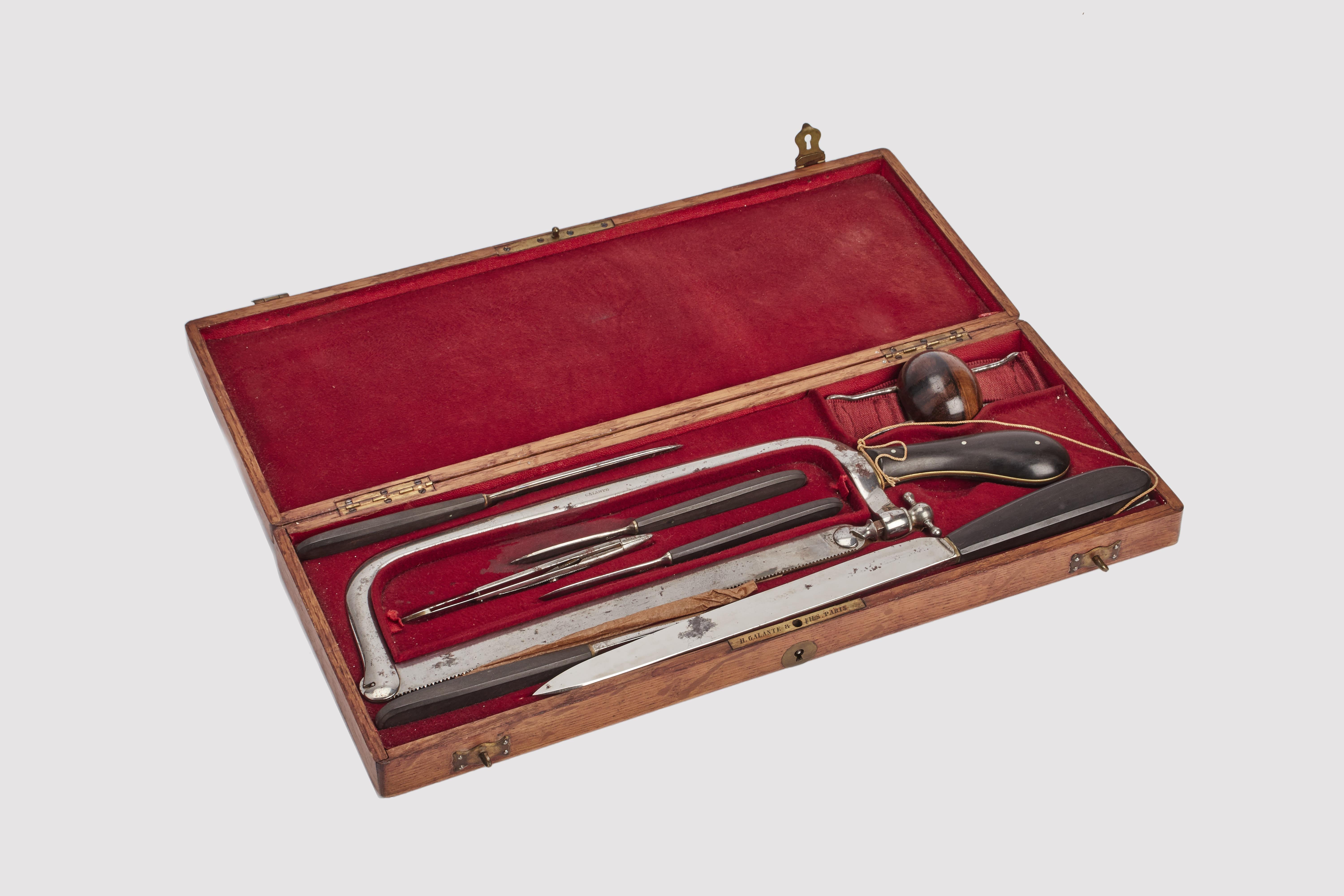 Coffret en bois de Horn, contenant un ensemble de 8 instruments chirurgicaux en fer, munis de manches en corne noire et en bois de rose. Signé H.Galante & fils. Paris, France vers 1870.