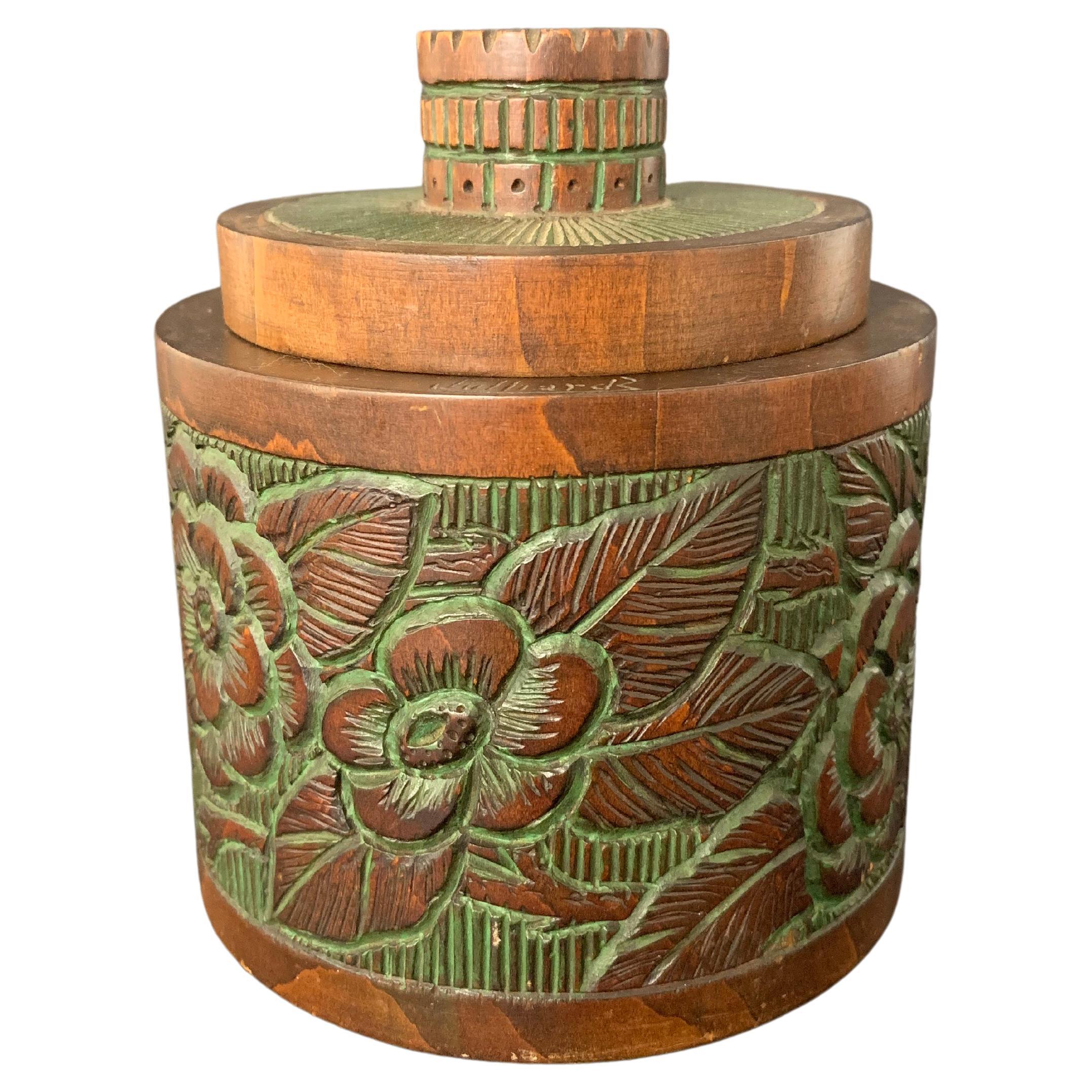 Art Deco Wooden Box Flowered with Green Paint Circa 1940 