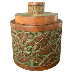 Retro Art Deco Wooden Box Flowered with Green Paint Circa 1940 
