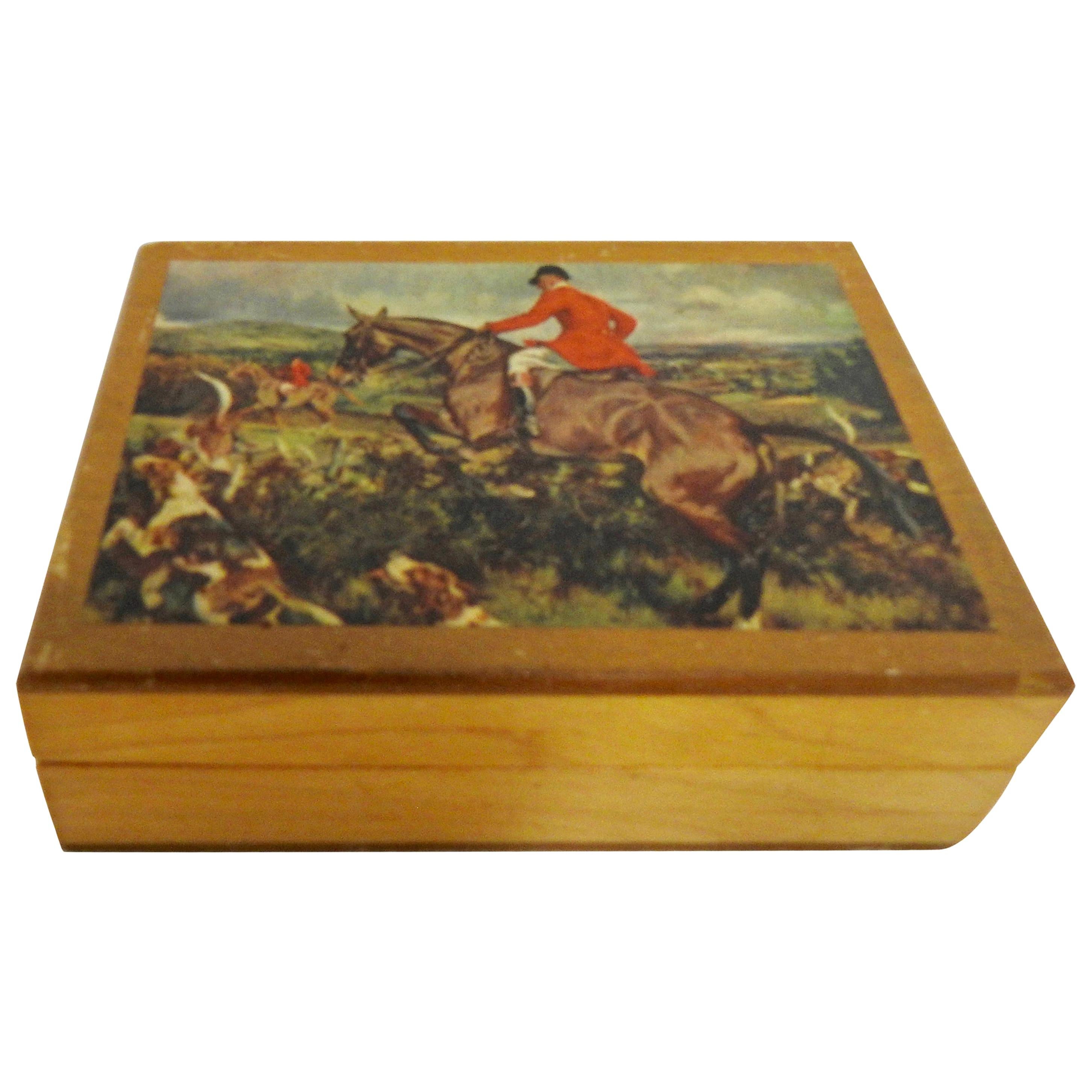 Wooden Box with Decoupage Hunt Scene, Vintage For Sale