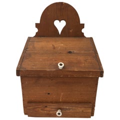 Antique Wooden Box with Heart Cut Out, Hinged Lifting Top, Drawer and Porcelain Knobs