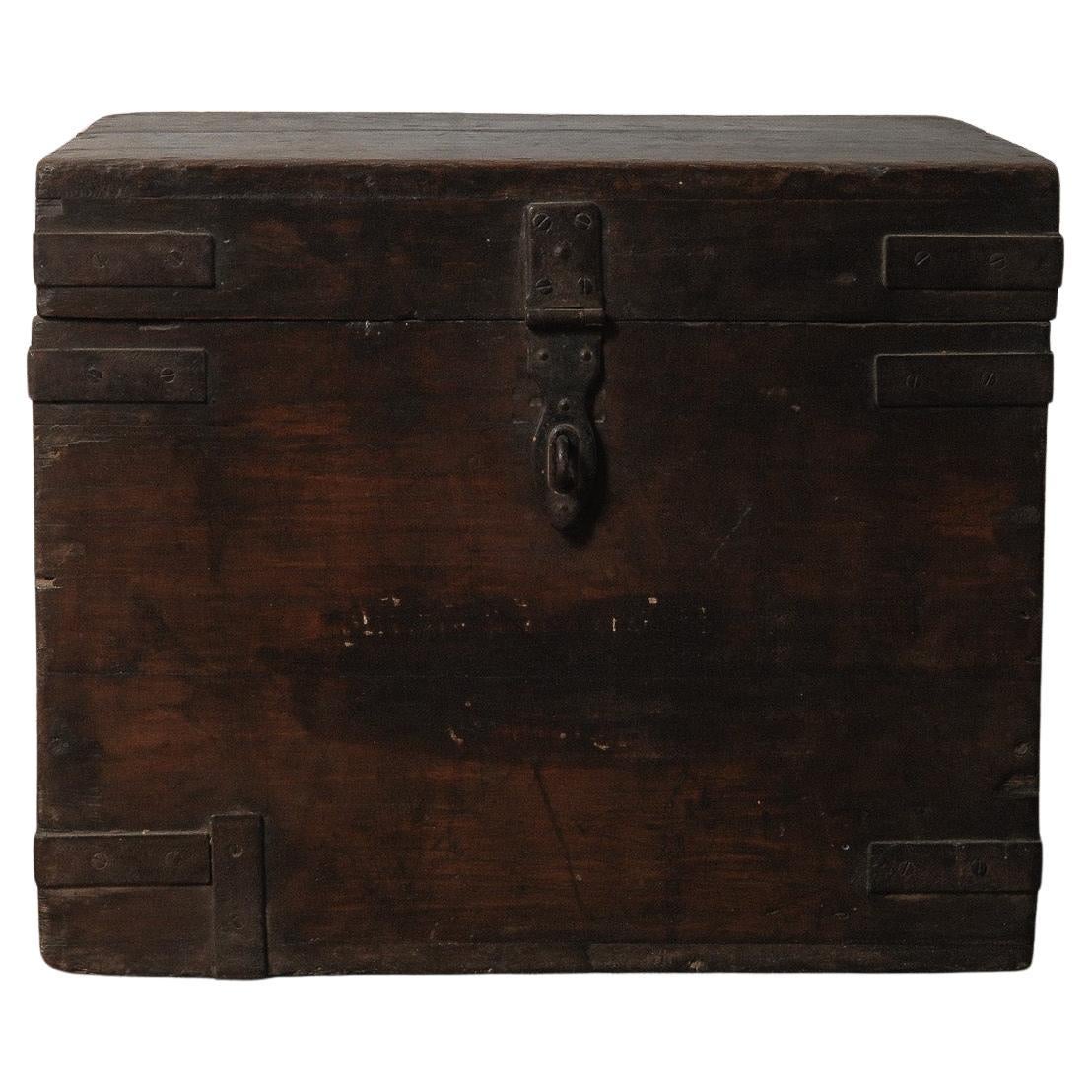 Wooden Box with Hinged Lid and Iron Fittings