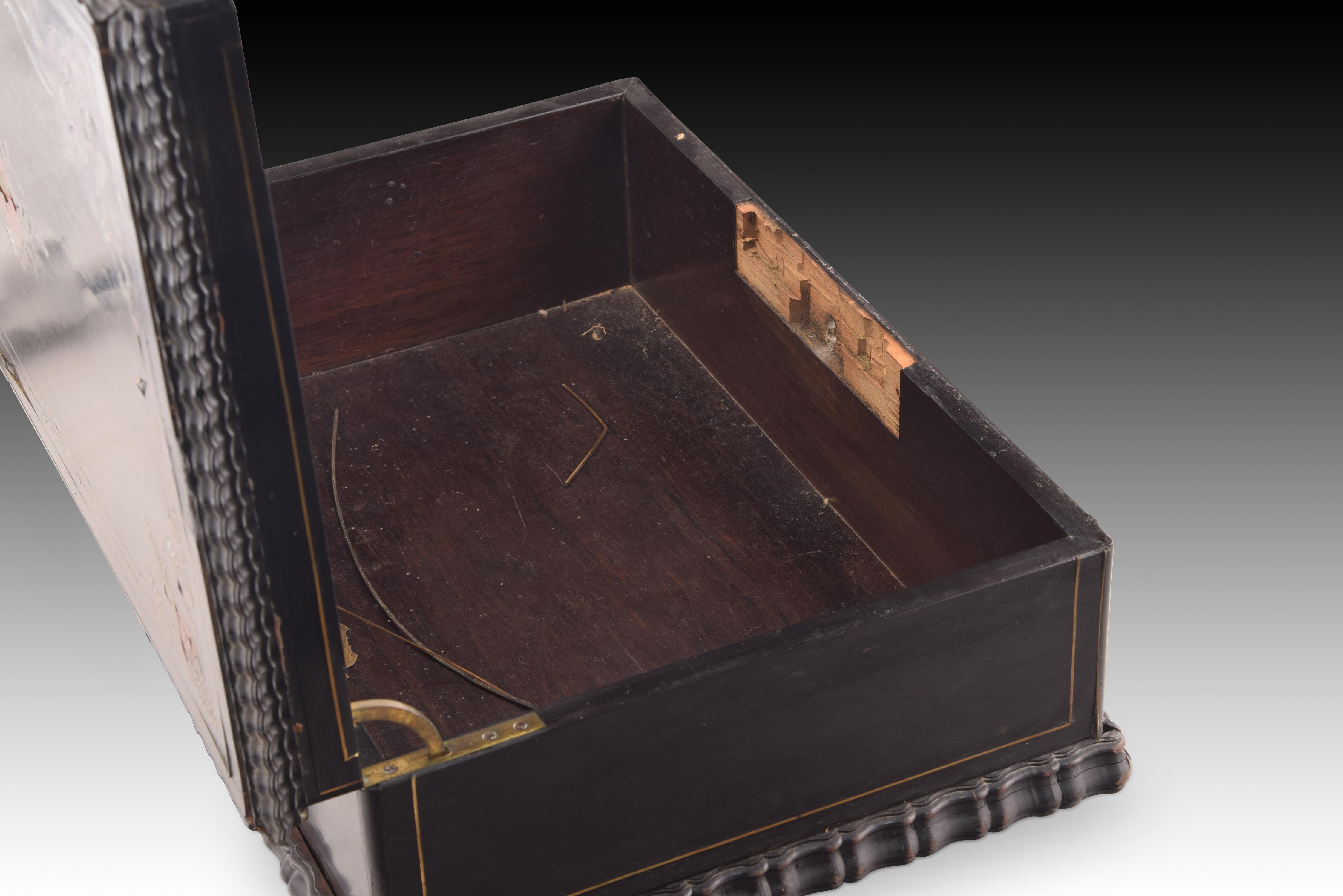 Metal Wooden box with metal inlay. Possibly french, 19th century. For Sale
