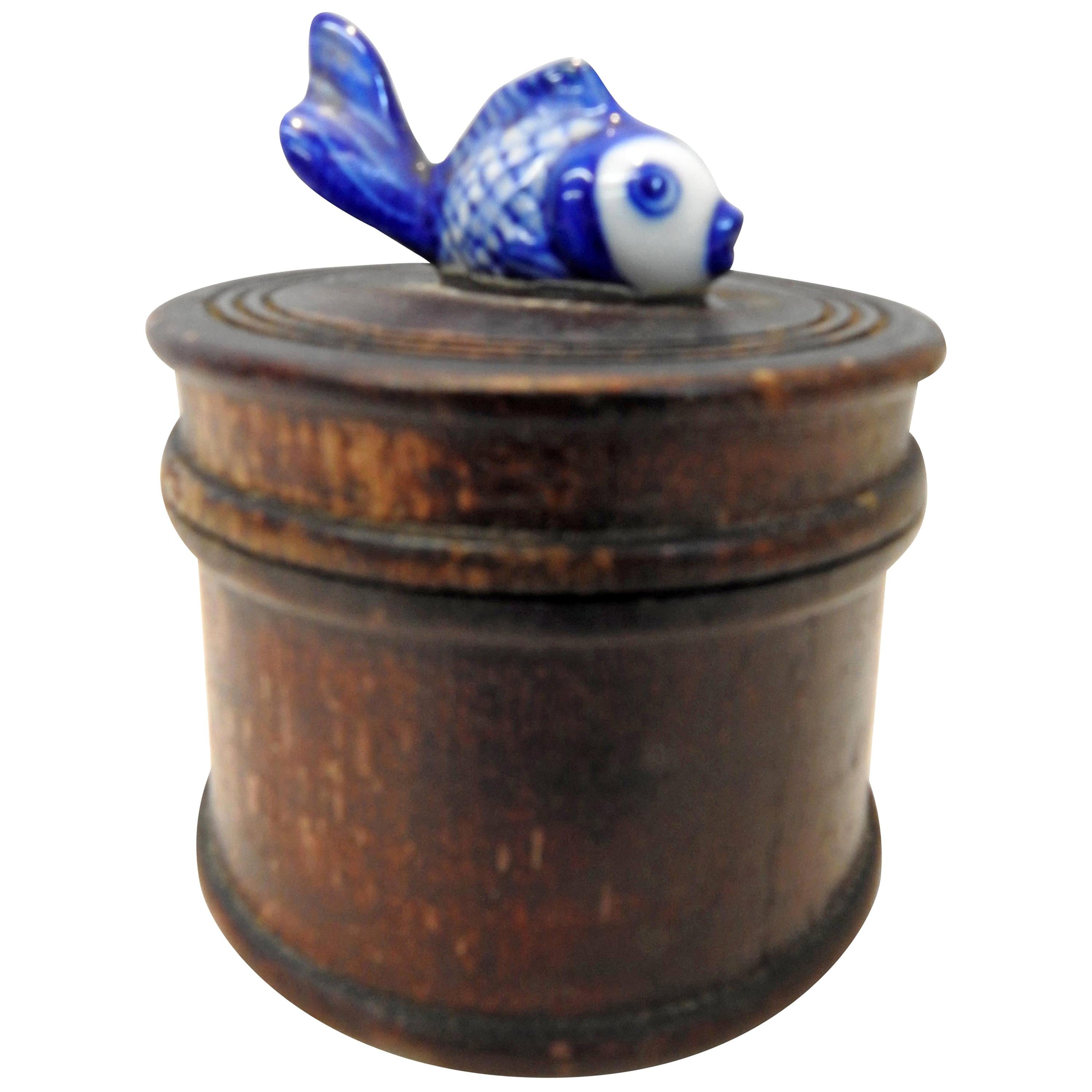 Wooden Box with Porcelain Koi Fish on Lid For Sale