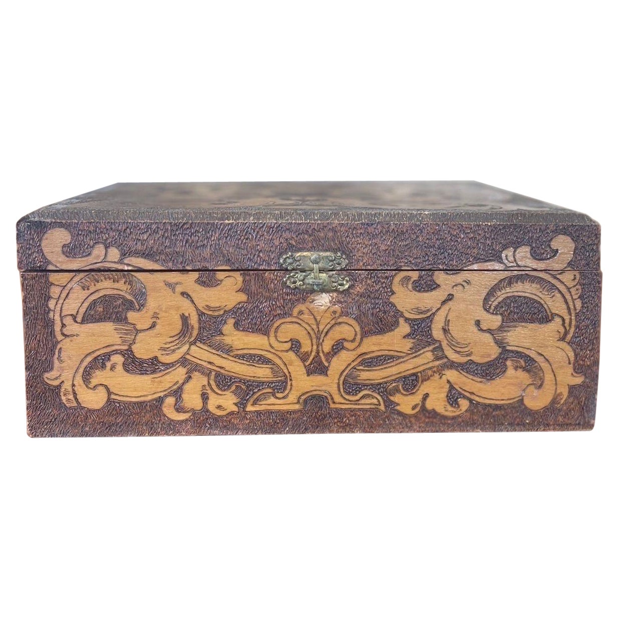 Wooden Box With Pyrography Mosaic and Hinge Clasp.