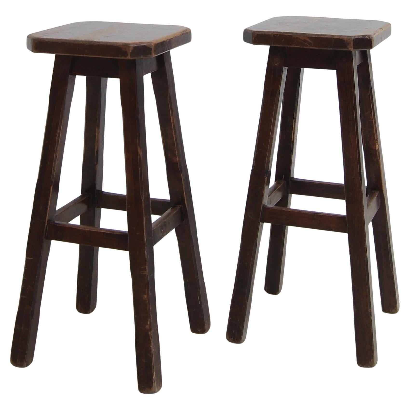 Wooden Brutalist Bar Stools. Set of 2