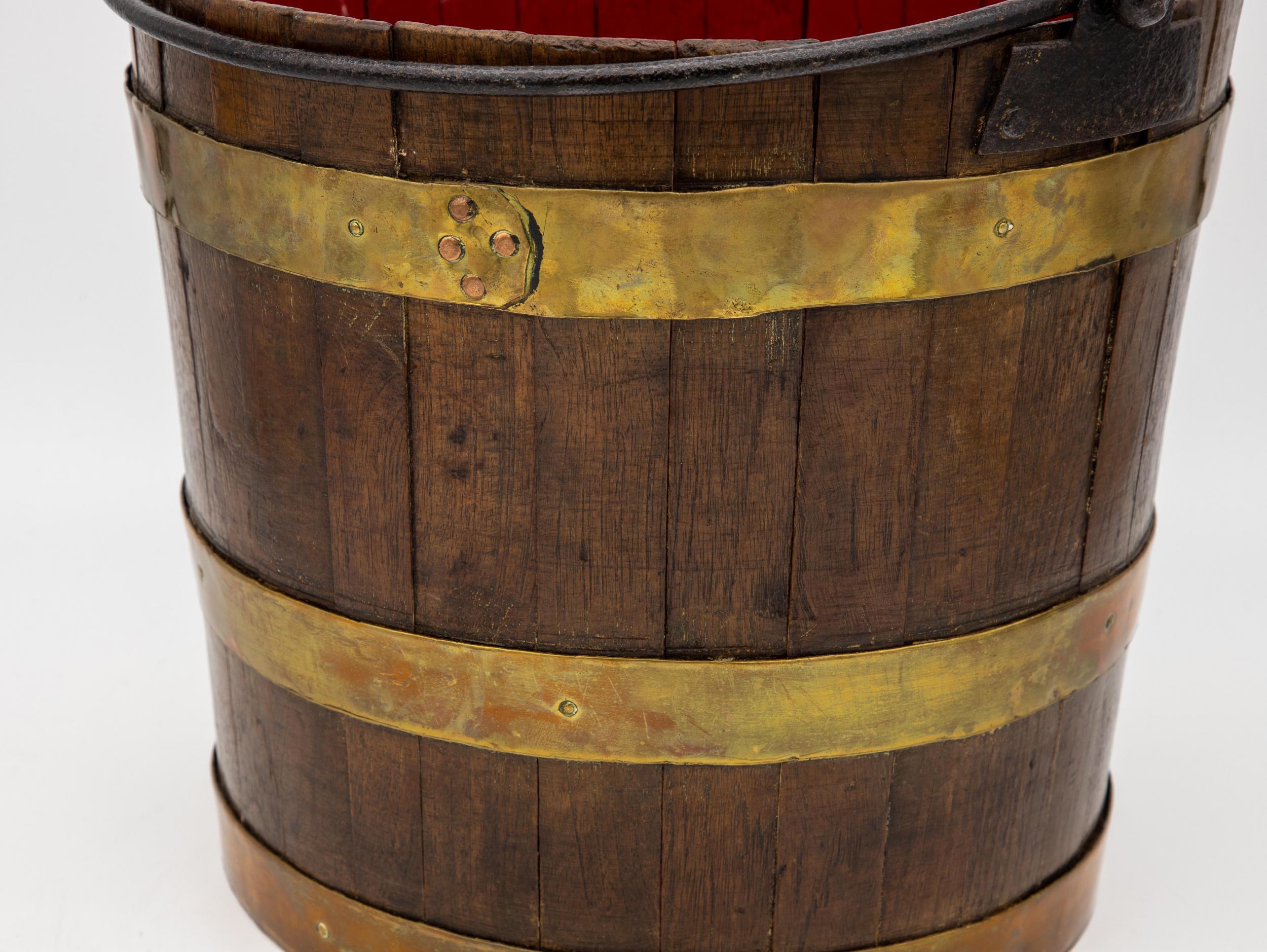 Wooden Bucket with Red Interior and Brass Accents 5