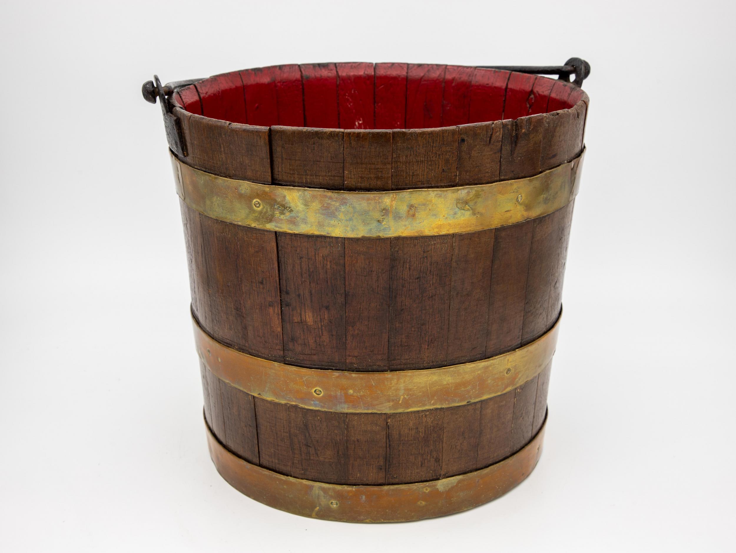 British Wooden Bucket with Red Interior and Brass Accents