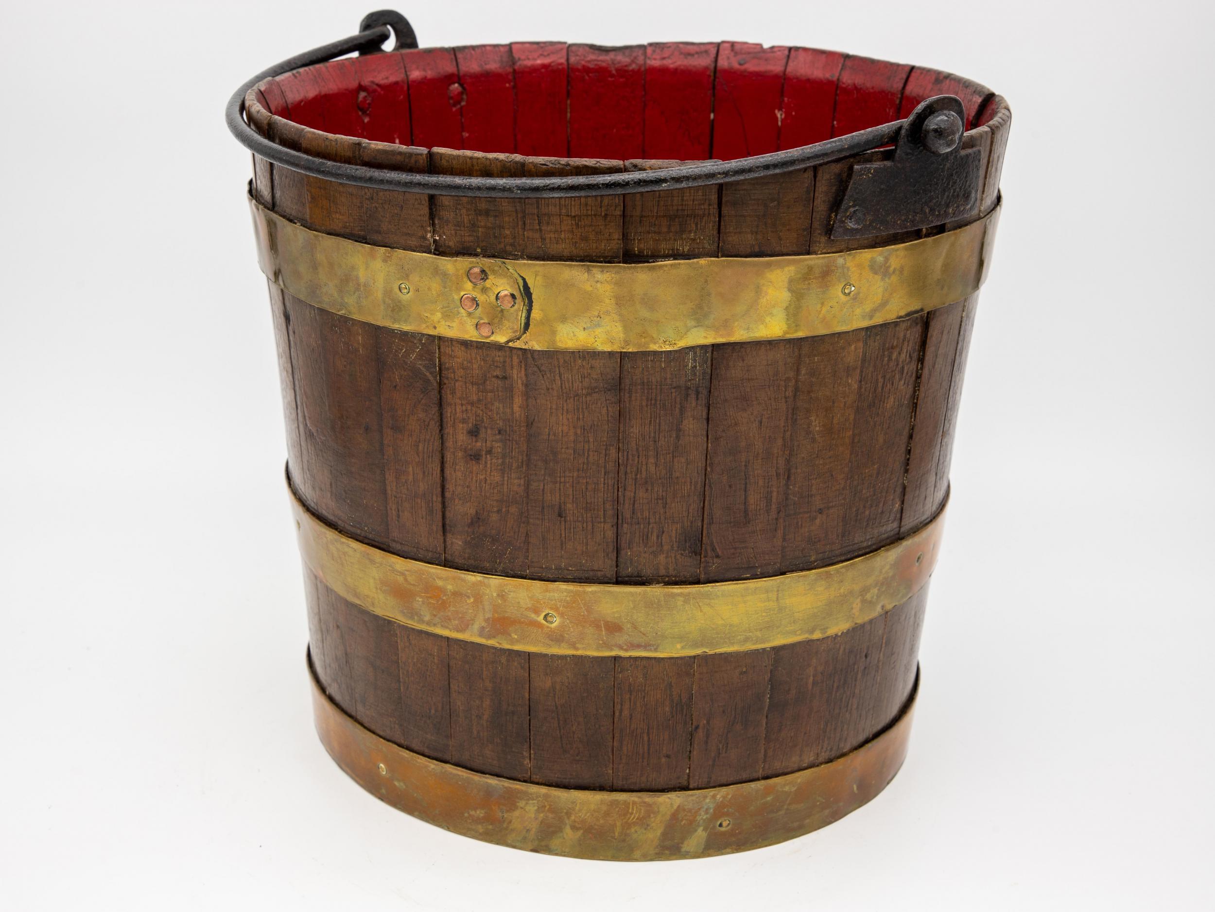 19th Century Wooden Bucket with Red Interior and Brass Accents