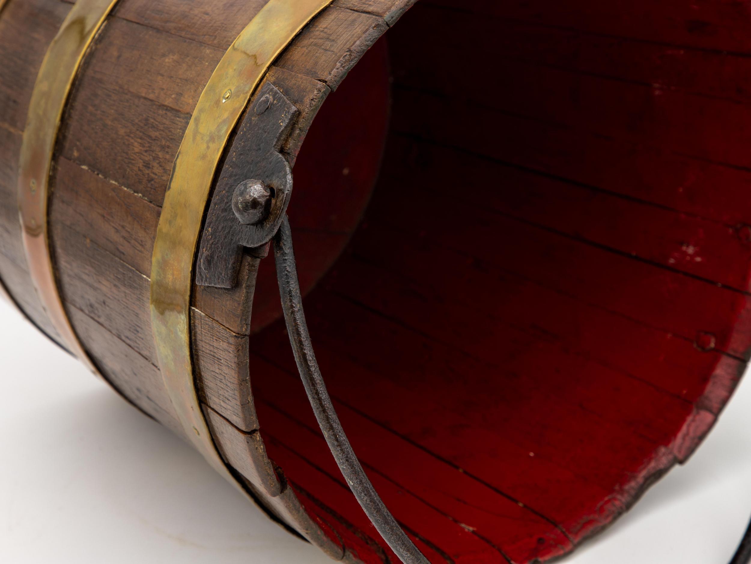 Wooden Bucket with Red Interior and Brass Accents 2