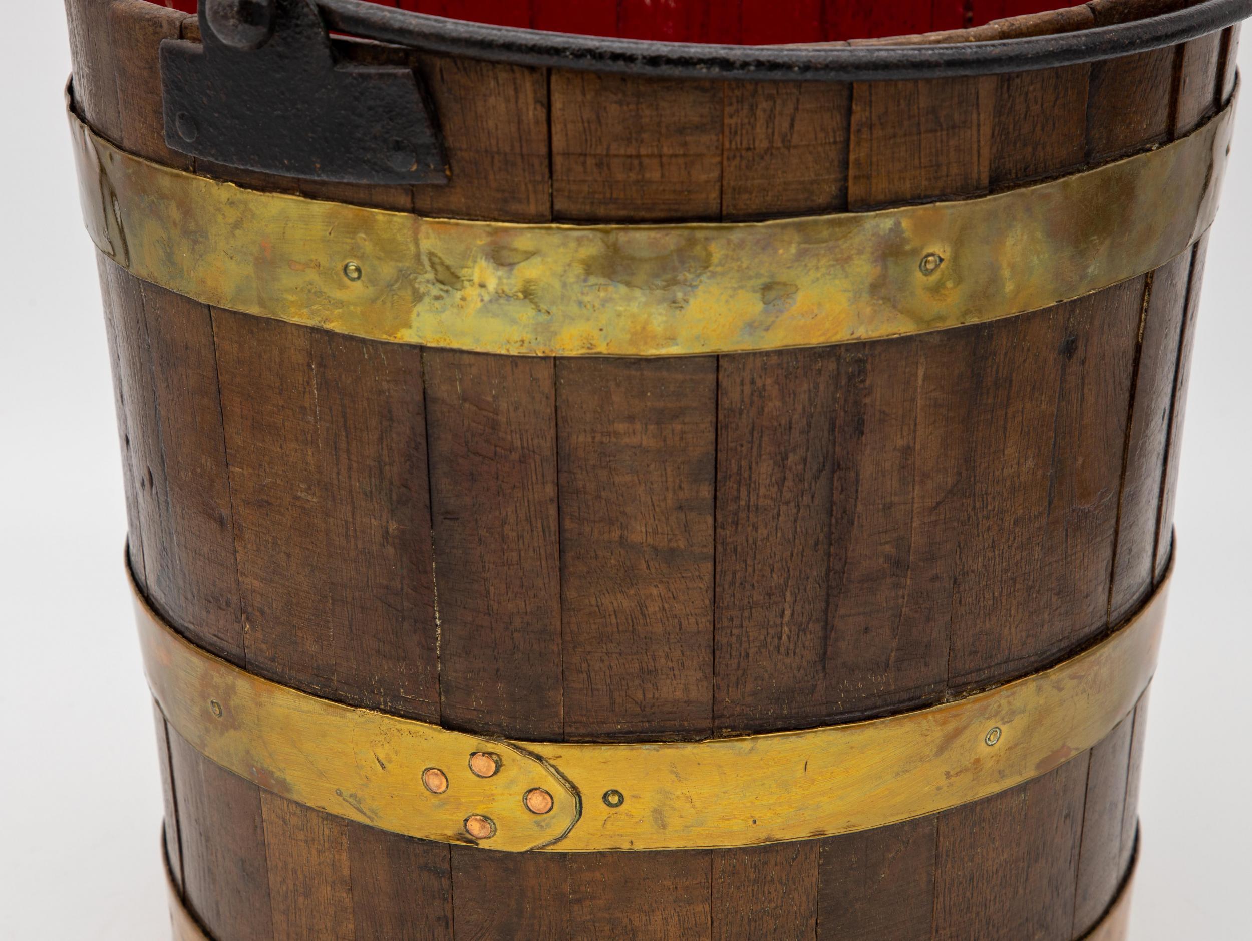 Wooden Bucket with Red Interior and Brass Accents 4