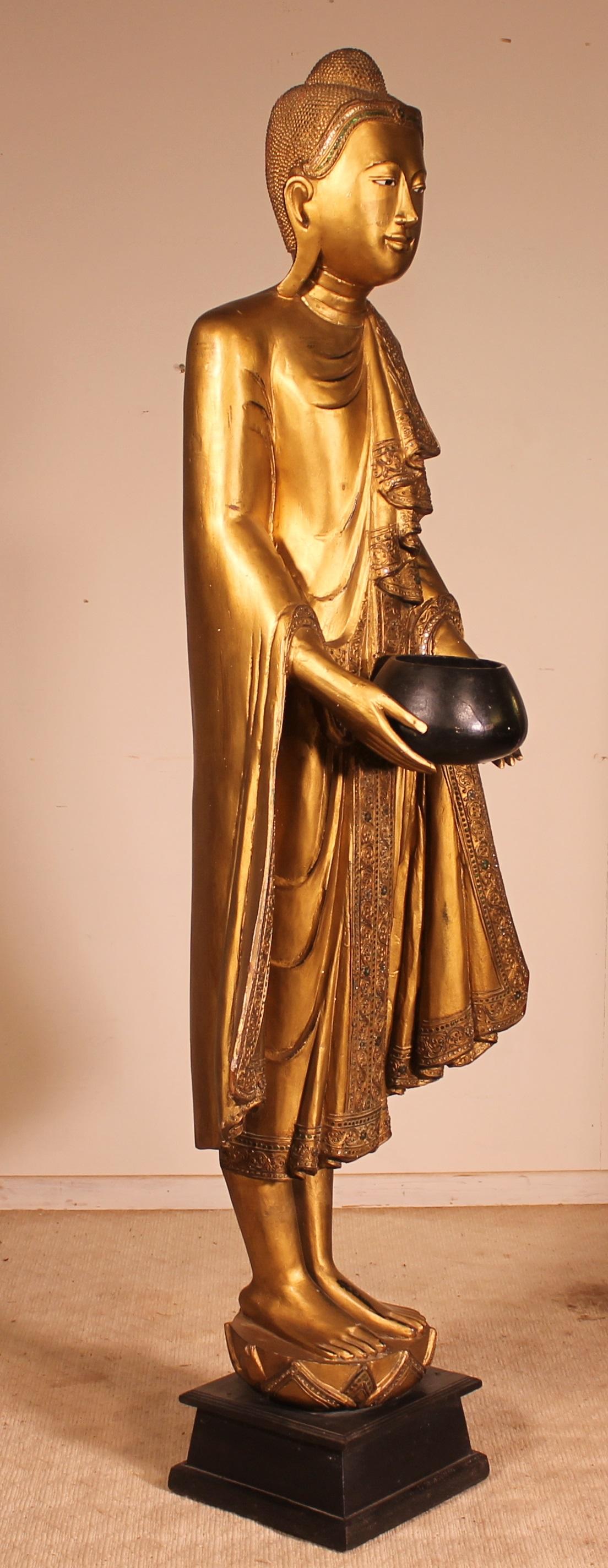 Standing Buddha on a wooden base from the 19th century in Thailand
Elegant large wooden Buddha, Bangkok period
The Buddha is shown holding an offering dish
Beautiful decoration

Measures: height 1m67cm, width 60cm, depth 36cm.