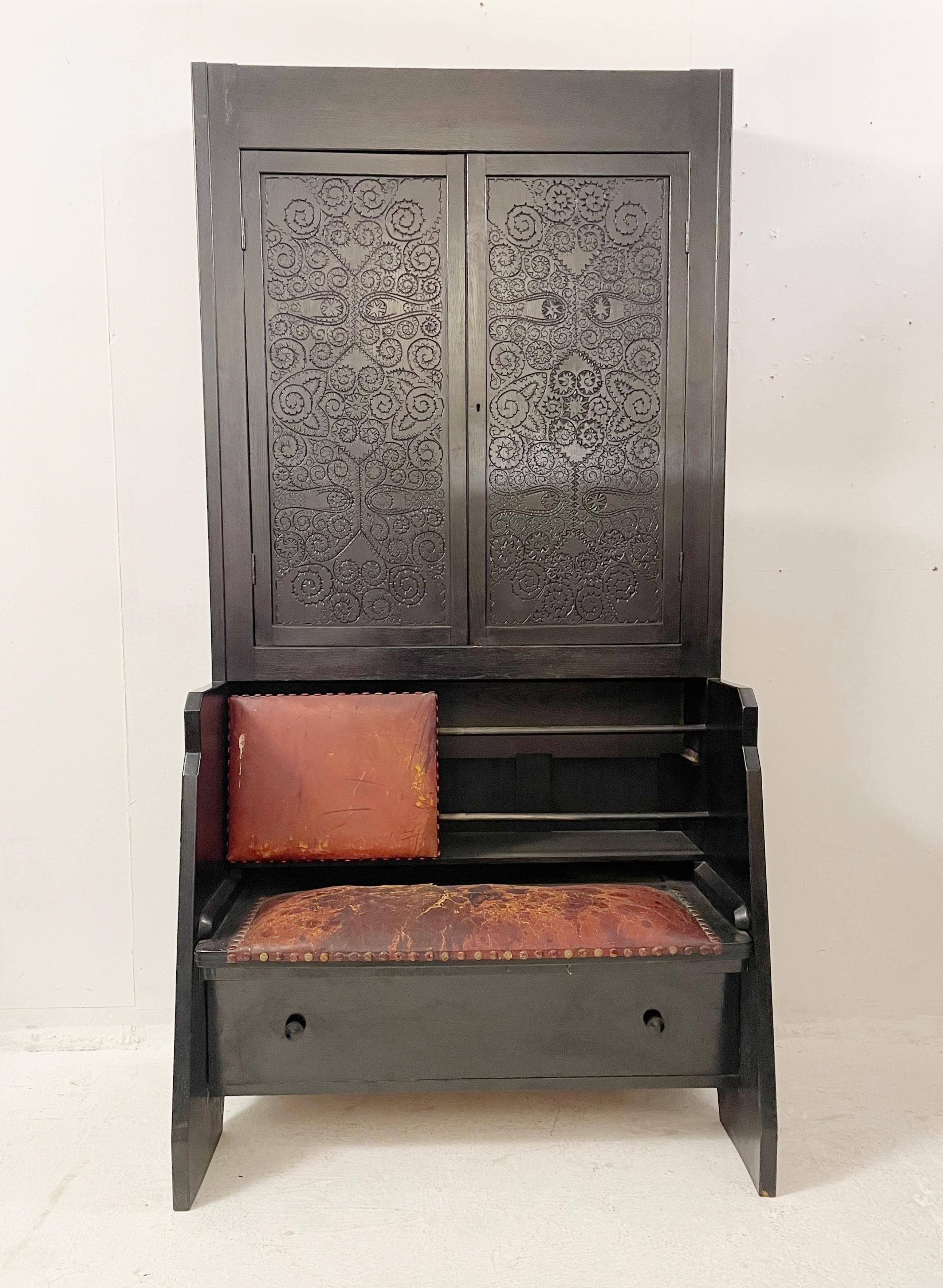 Early 20th Century Wooden Cabinet with Leather Bench by Toroczkai Wigand, Hungary, 1920s