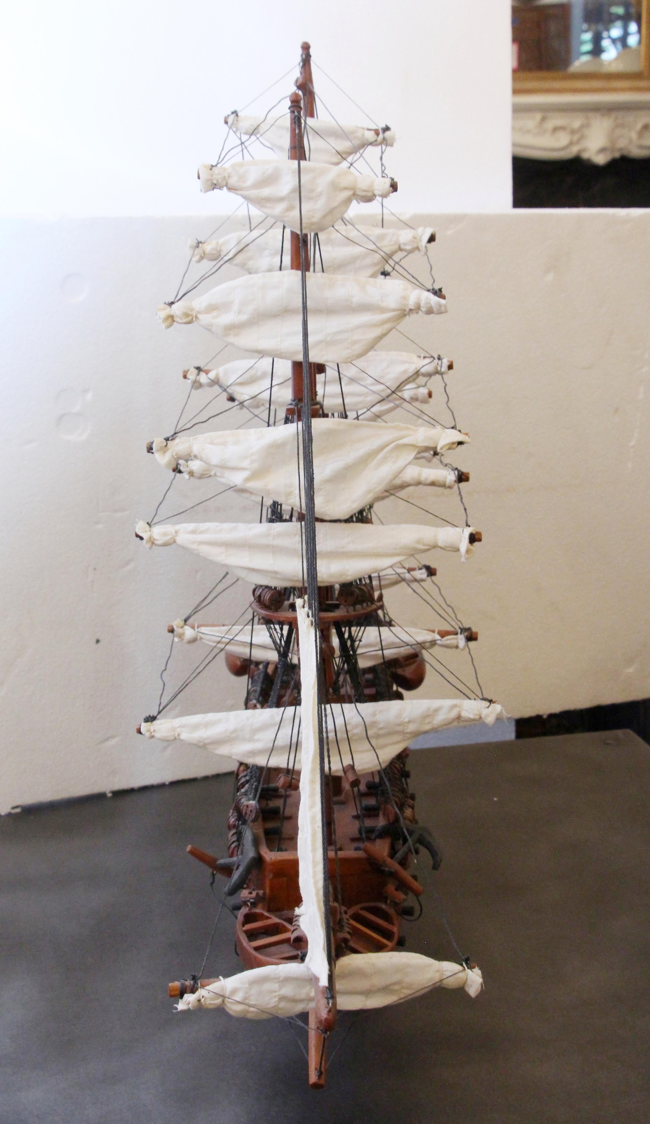 Contemporary Wooden & Canvas Handmade Model Ship, Stamped Constitution