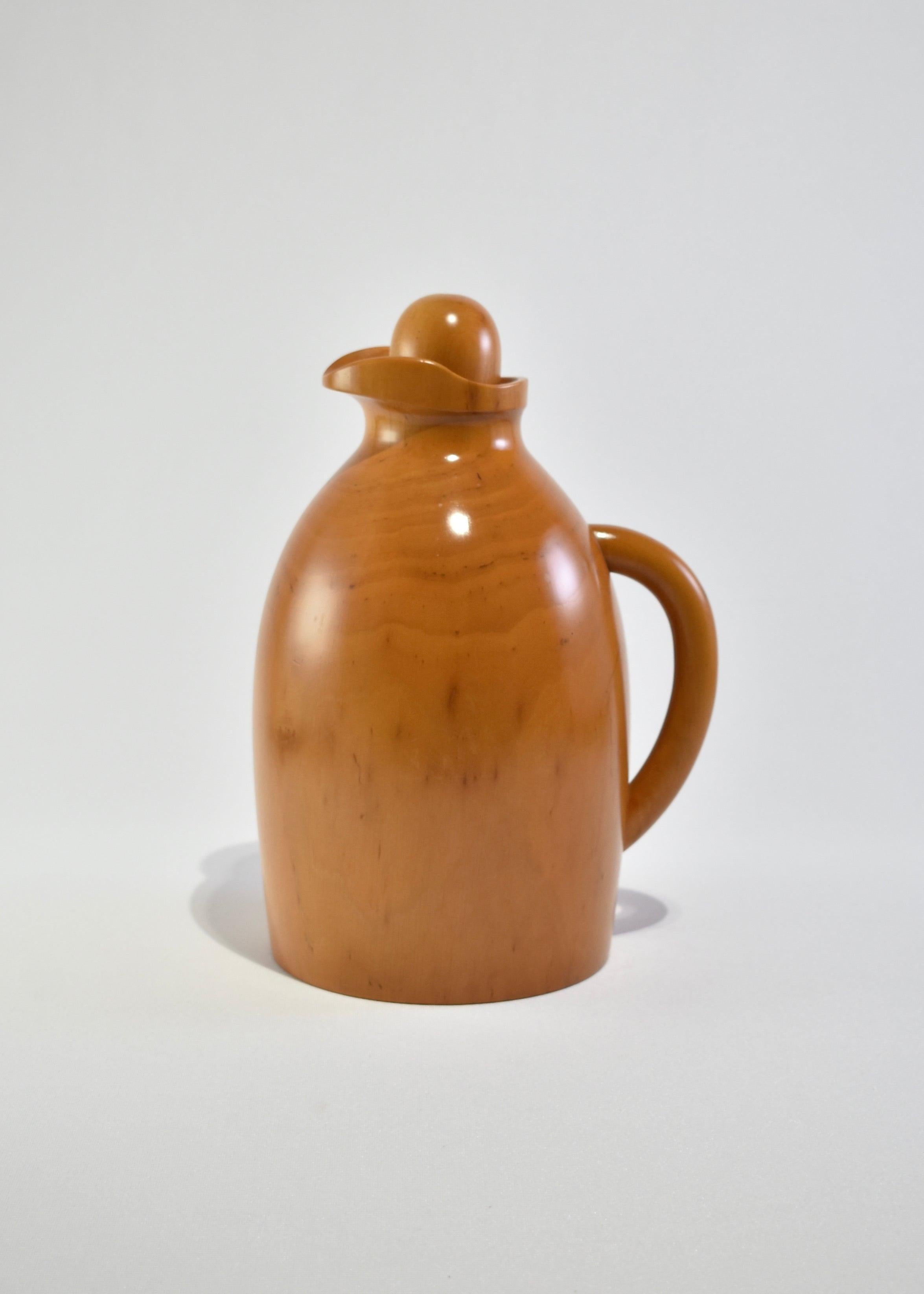 Rare vintage sycamore pitcher with thermal glass lined interior and cork lid, perfect for hot or cold beverages. Made in Italy by Manzoni Pietro.