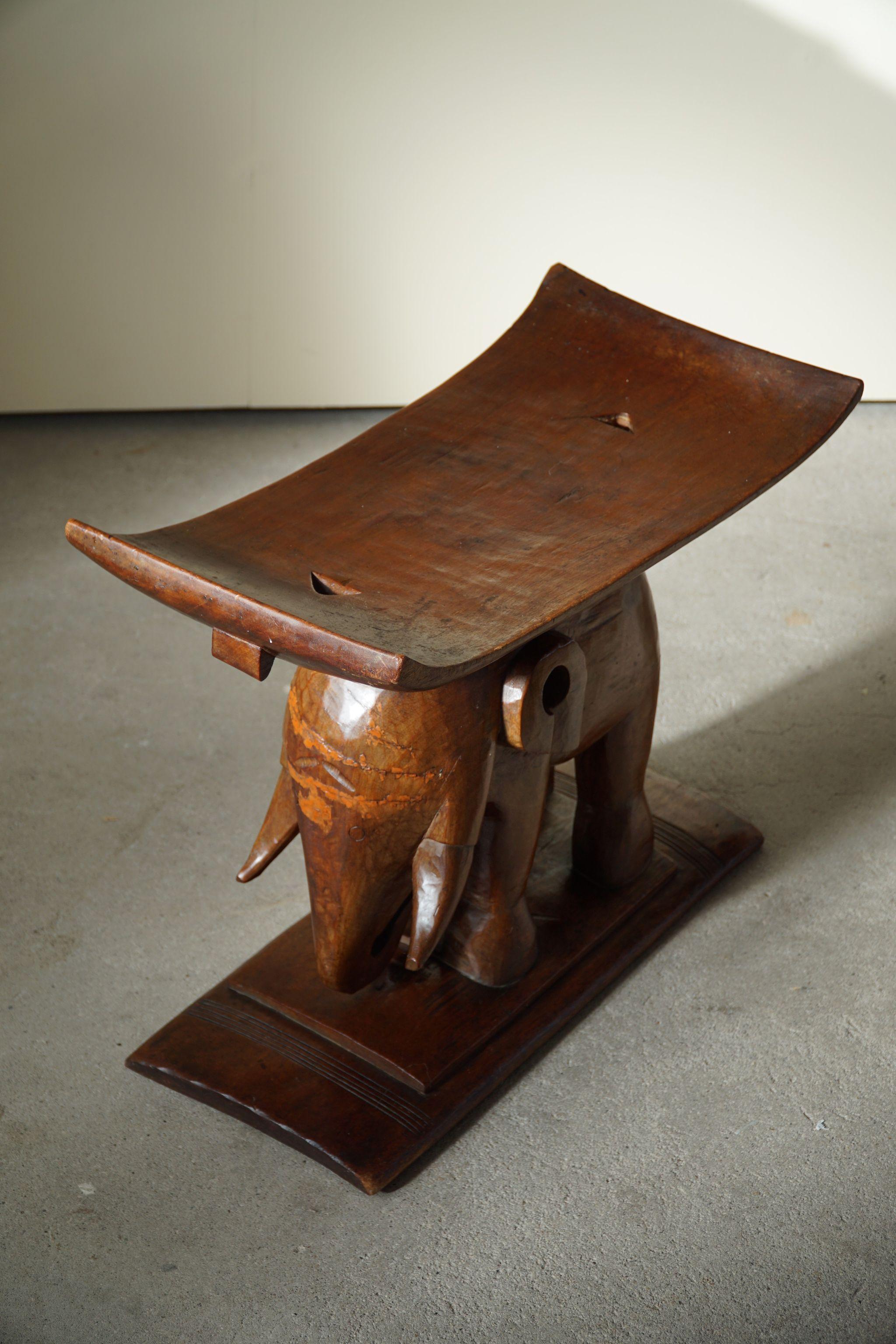 Primitive Wooden Carved African Elephant Stool, Mid Century in Wabi Sabi Style, 1940s For Sale