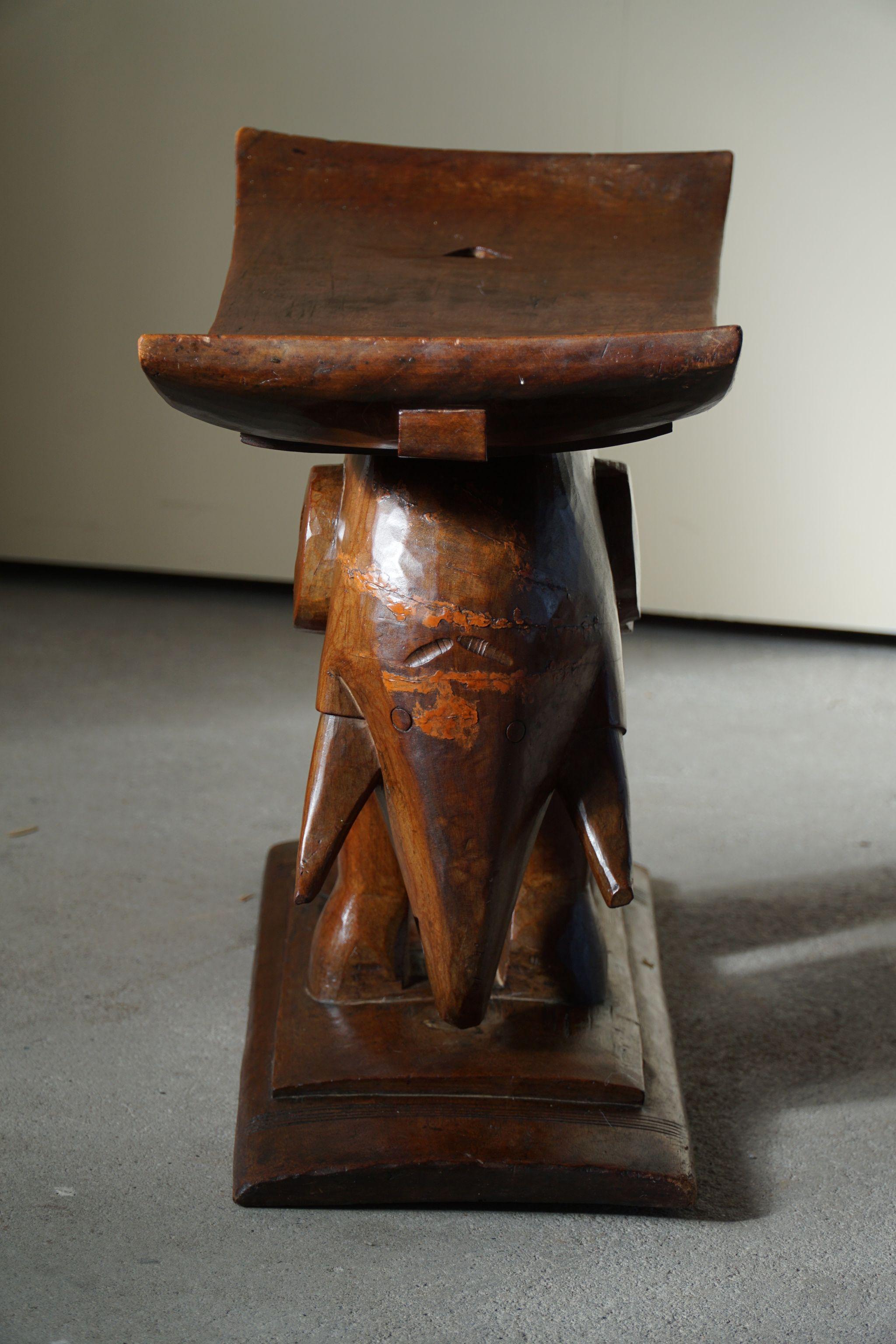 Hand-Carved Wooden Carved African Elephant Stool, Mid Century in Wabi Sabi Style, 1940s For Sale