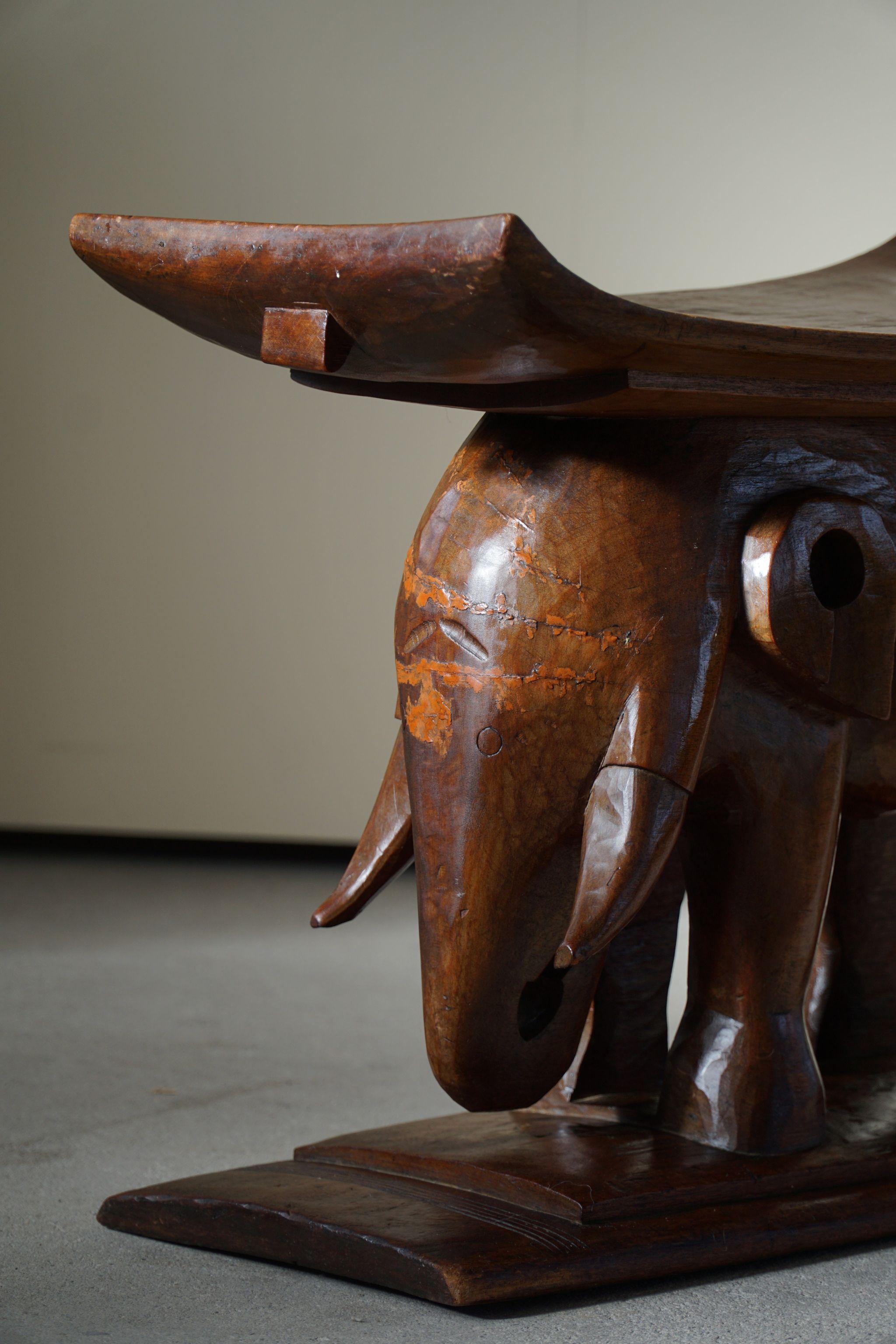Hardwood Wooden Carved African Elephant Stool, Mid Century in Wabi Sabi Style, 1940s For Sale
