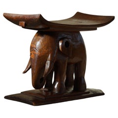 Wooden Carved African Elephant Stool, Mid Century in Wabi Sabi Style, 1940s