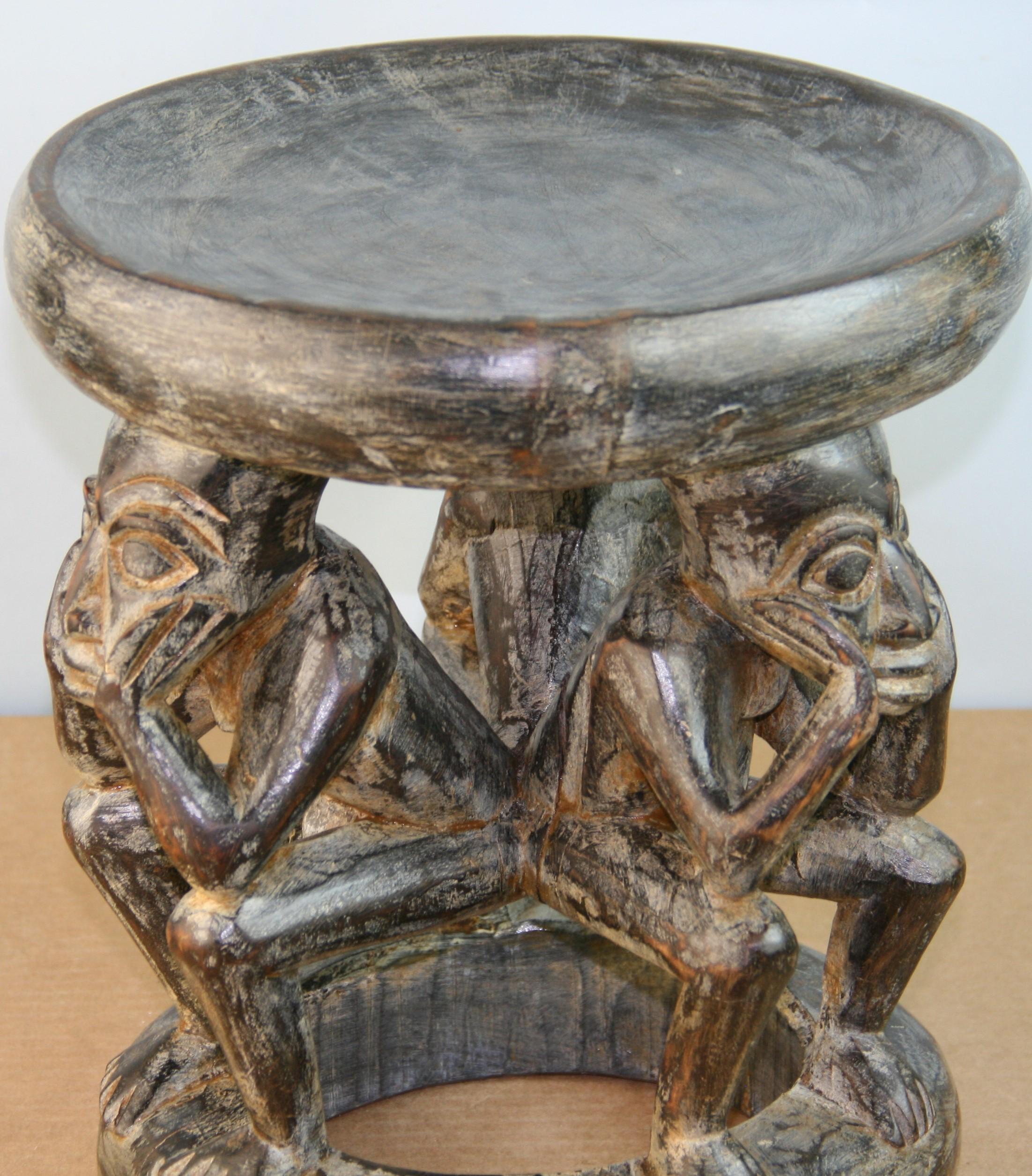 African Wooden Carved Stool Figural Group For Sale 4