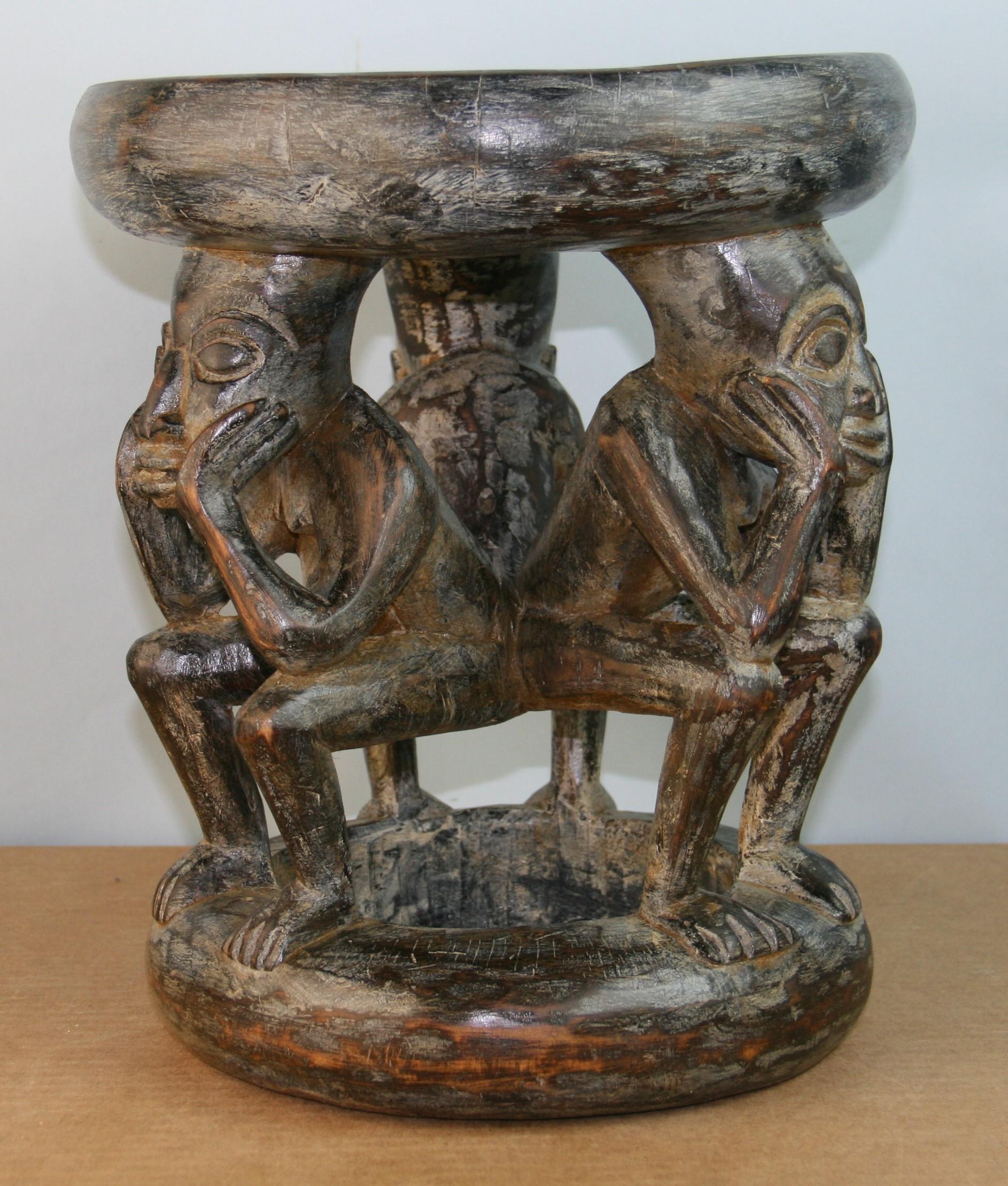 Ghanaian African Wooden Carved Stool Figural Group For Sale