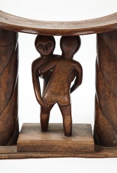 Wooden Carved Akan Stool with Wrestlers