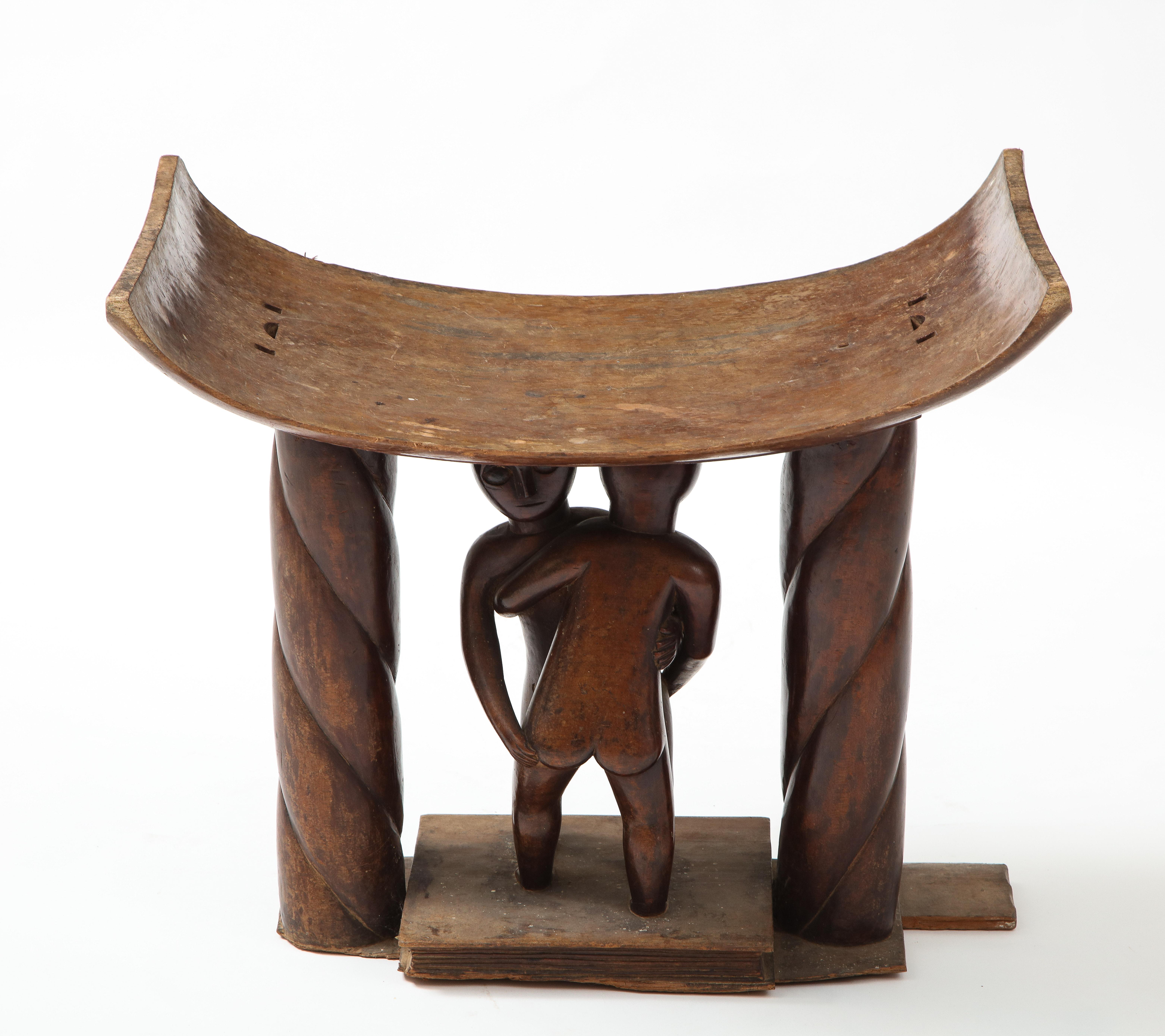 Wooden Carved Akan Stool with Wrestlers For Sale 4