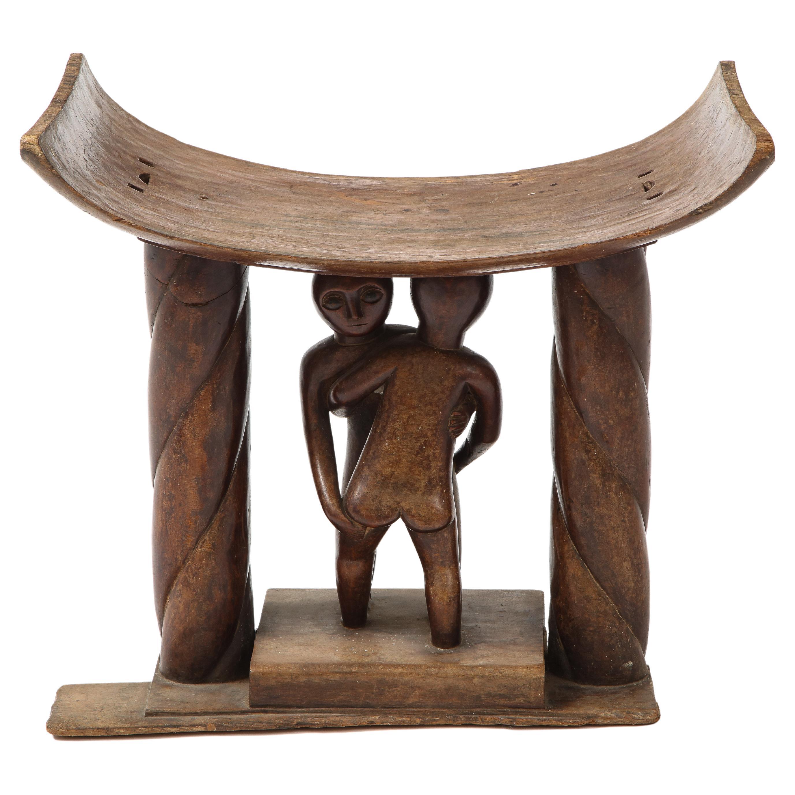 Wooden Carved Akan Stool with Wrestlers For Sale