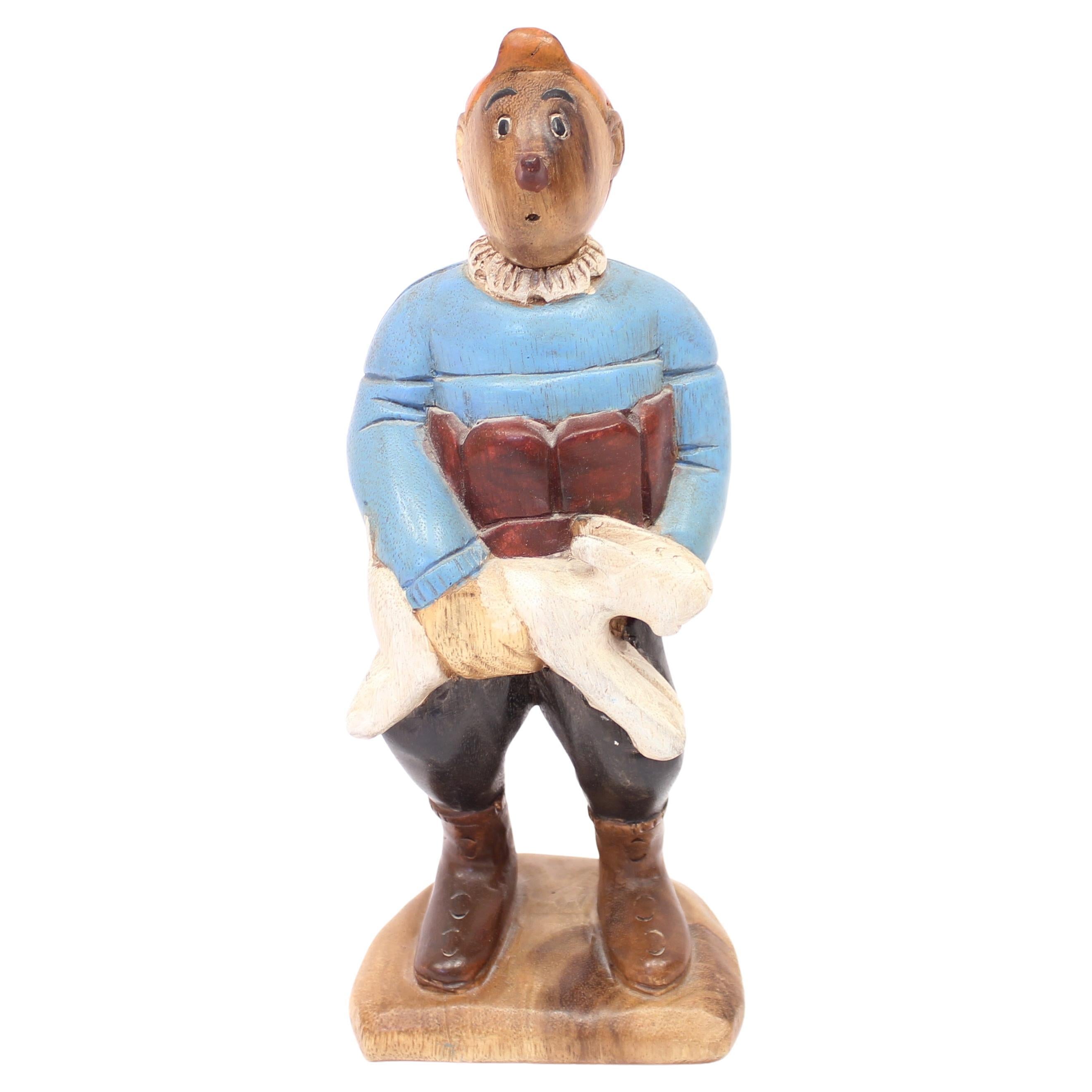 Wooden Carved and Painted Tintin and Milou Figure, Late 20th Century