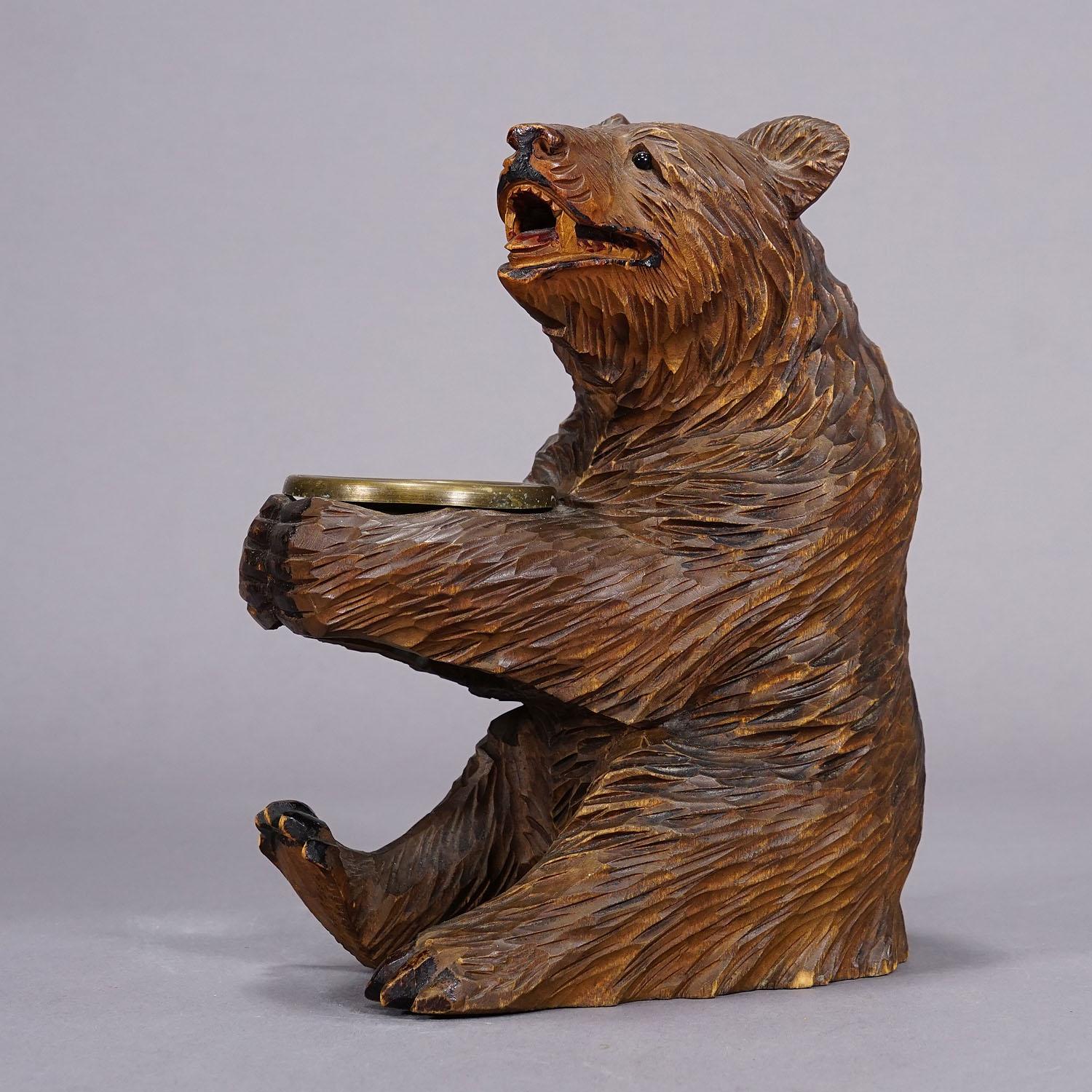 Swiss Wooden Carved Black Forest Bear with Brass Bowl, Brienz 1920s
