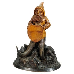 Wooden Carved Black Forest Dwarf Sitting on Three Stump