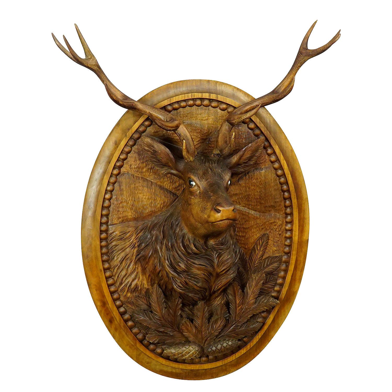 Wooden Carved Black Forest Plaque with Stag