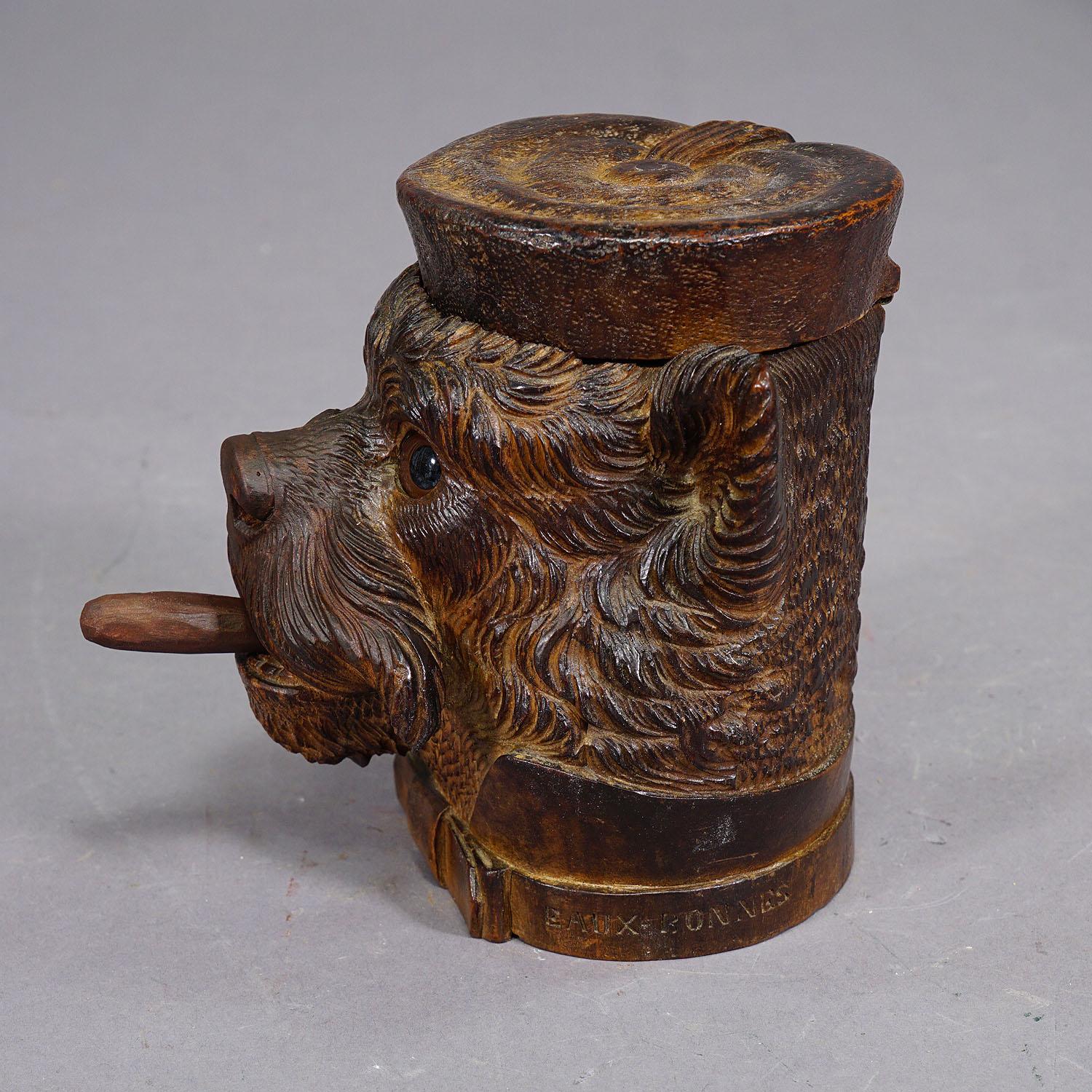 Rustic Wooden Carved Black Forest Tobacco Box Terrier Head ca. 1900 For Sale
