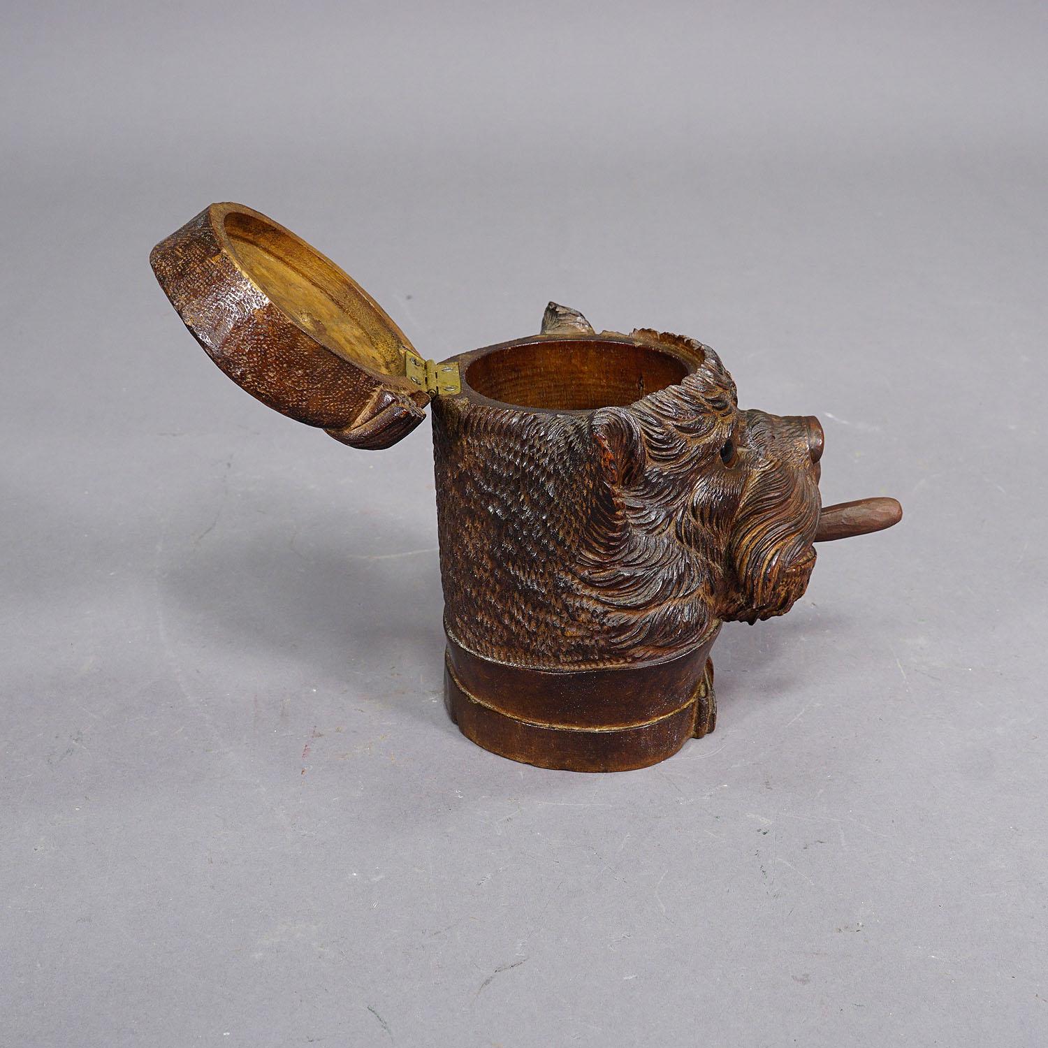 Early 20th Century Wooden Carved Black Forest Tobacco Box Terrier Head ca. 1900 For Sale