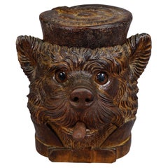 Wooden Carved Black Forest Tobacco Box Terrier Head ca. 1900
