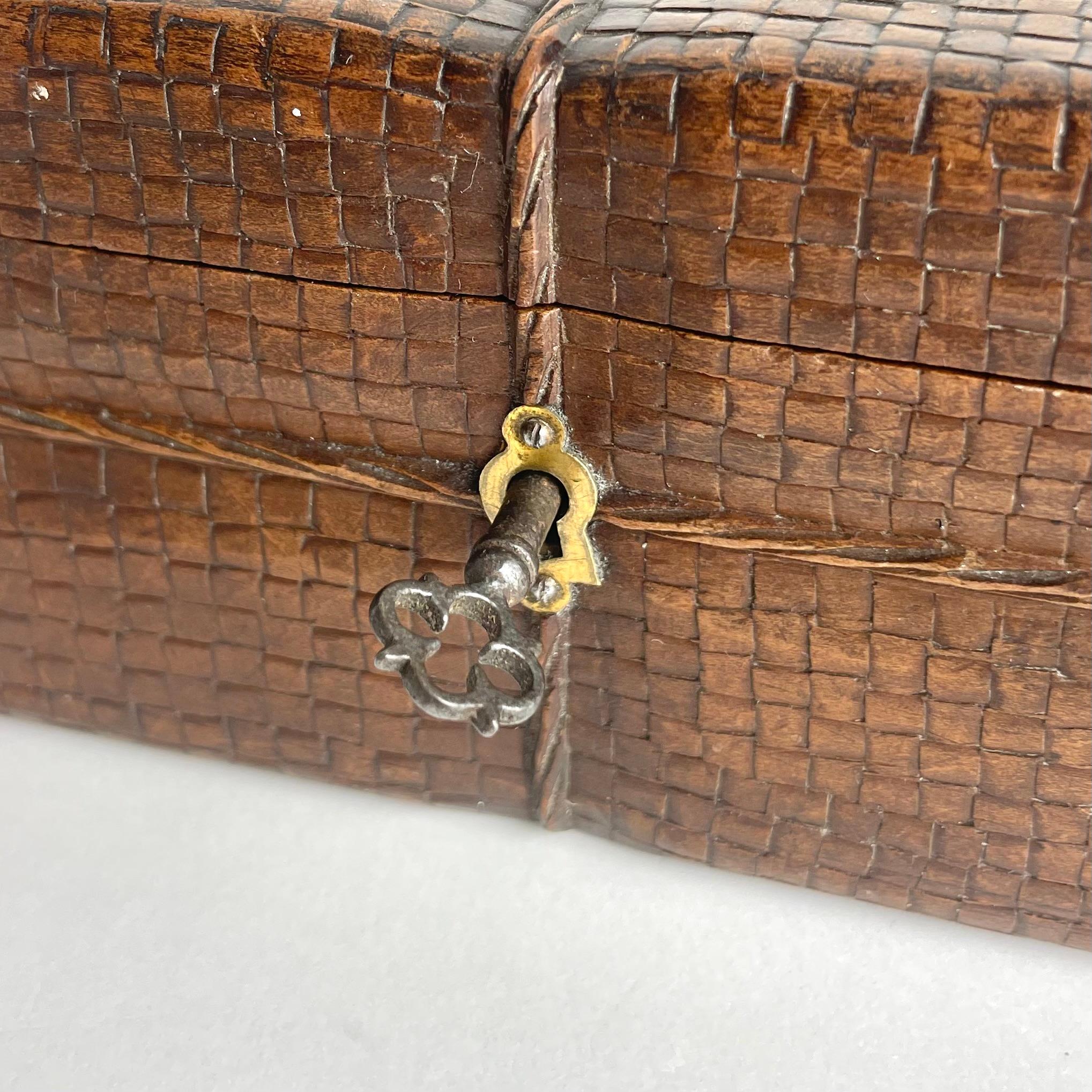 Wooden carved box in the shape of a rattan box with a string. Mid-19th Century For Sale 3