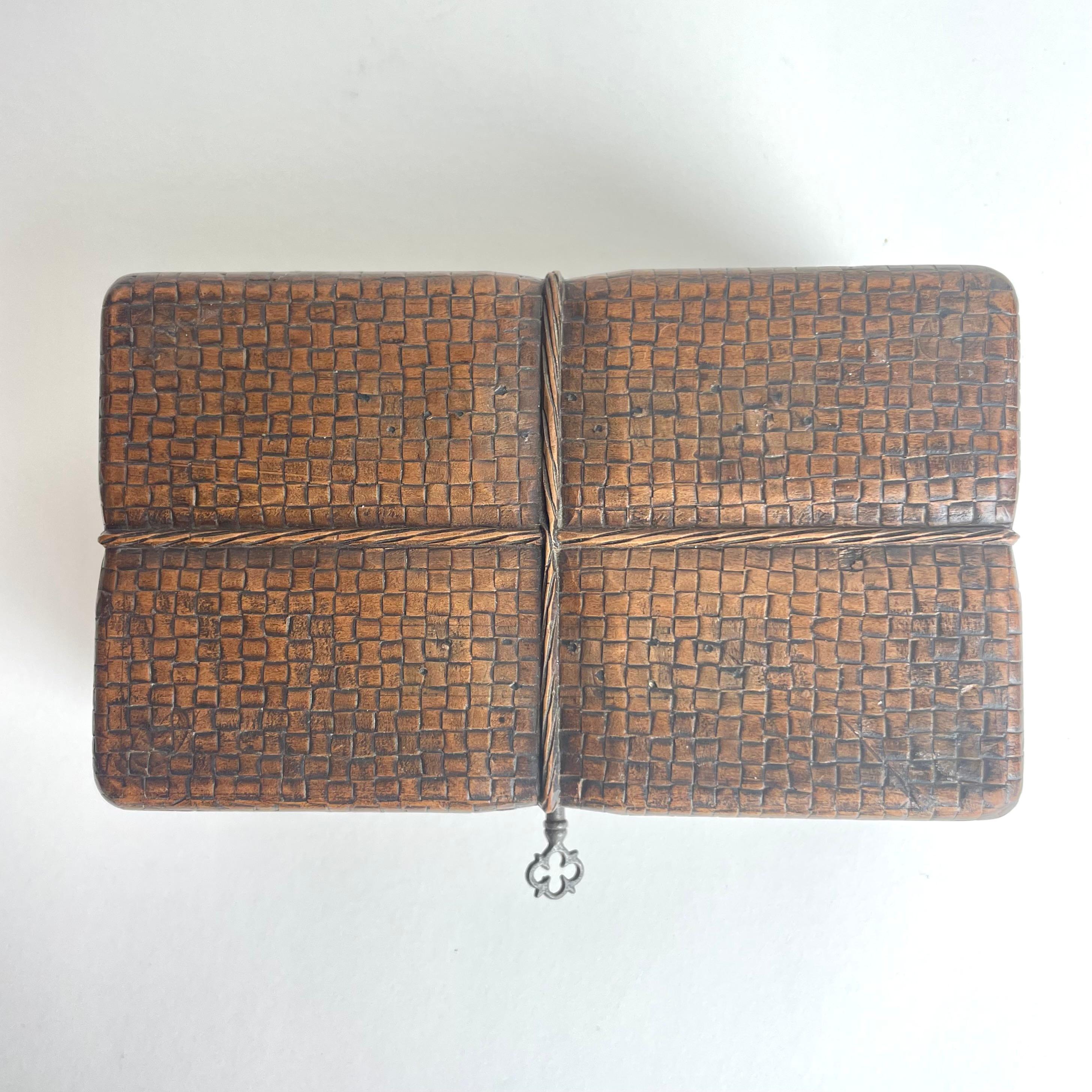 Wooden carved box in the shape of a rattan box with a string. Mid-19th Century For Sale 4